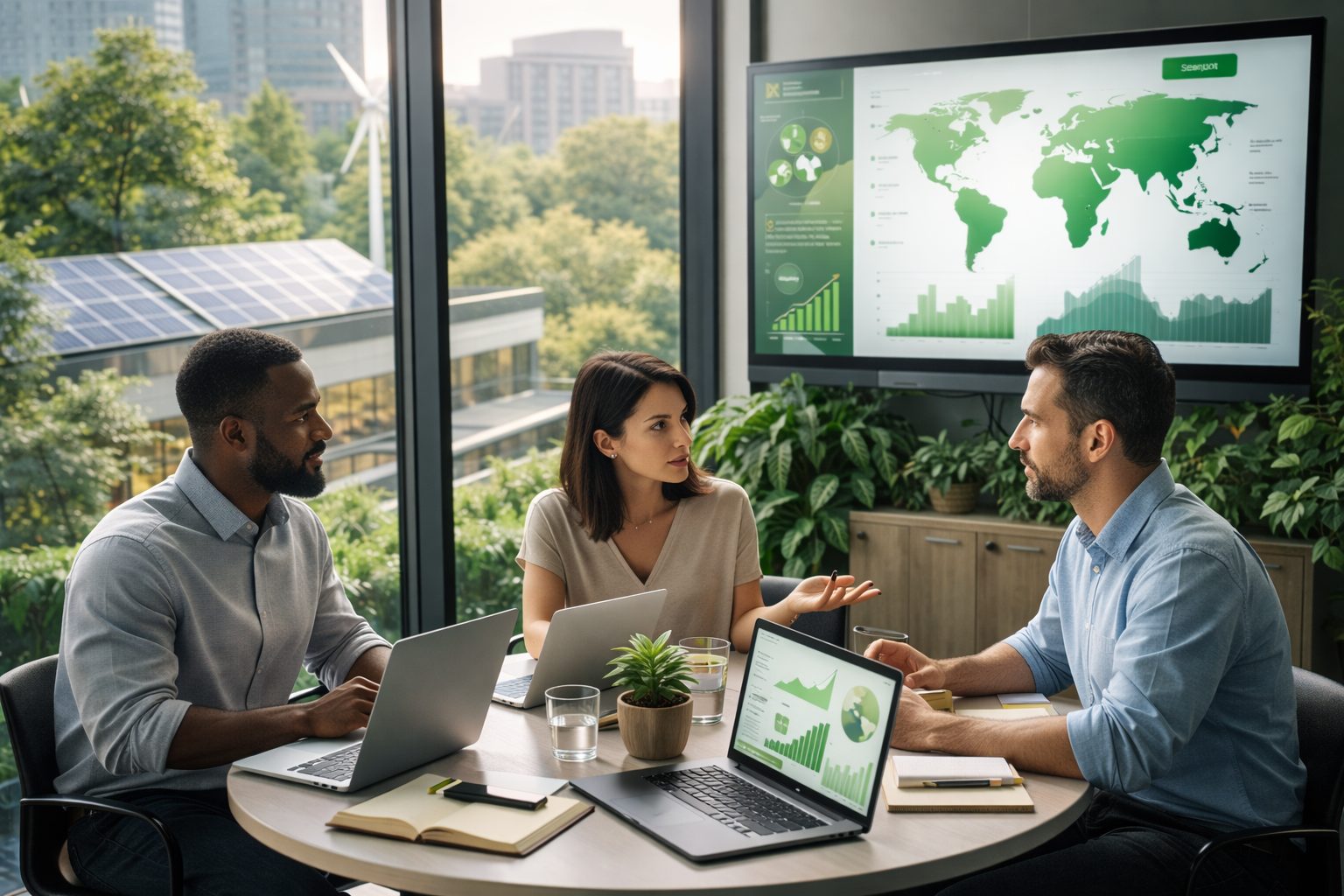 Des entrepreneurs de la greentech en réunion de travail pour augmenter leur visibilité