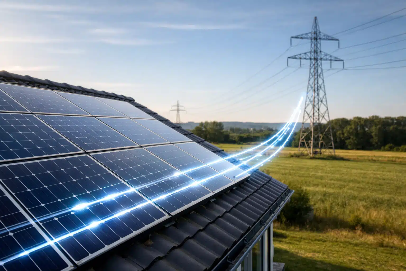 Panneaux solaires sur un toit avec champ et lignes électriques.