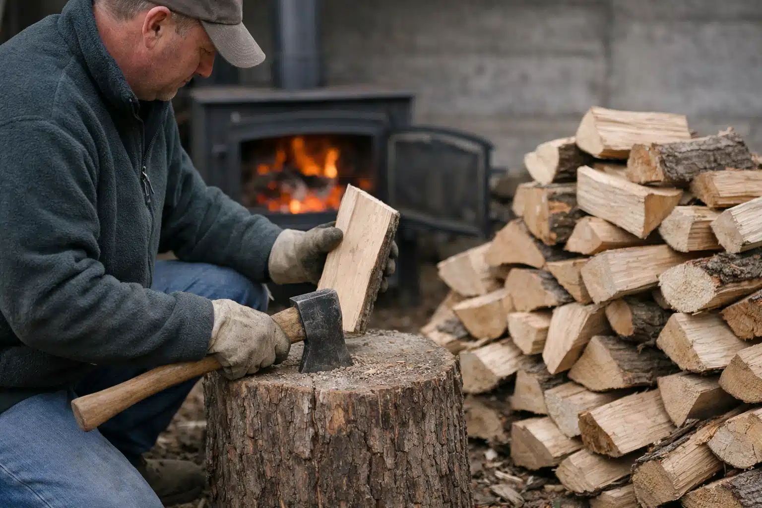 Chauffage au bois rentable avec poêle et bûches dans salon moderne