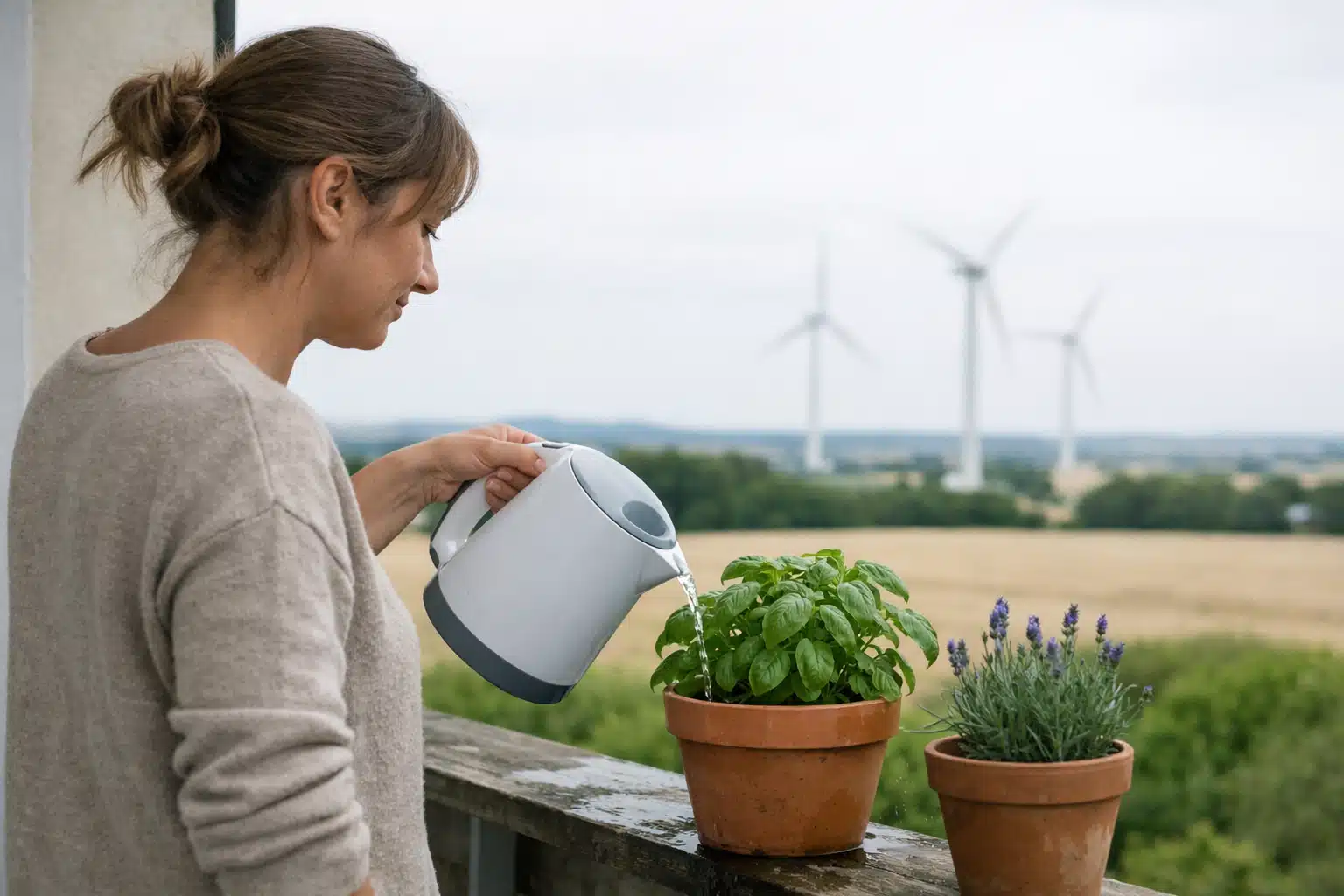 Femme arrosant basilic en pot, éoliennes en arrière-plan