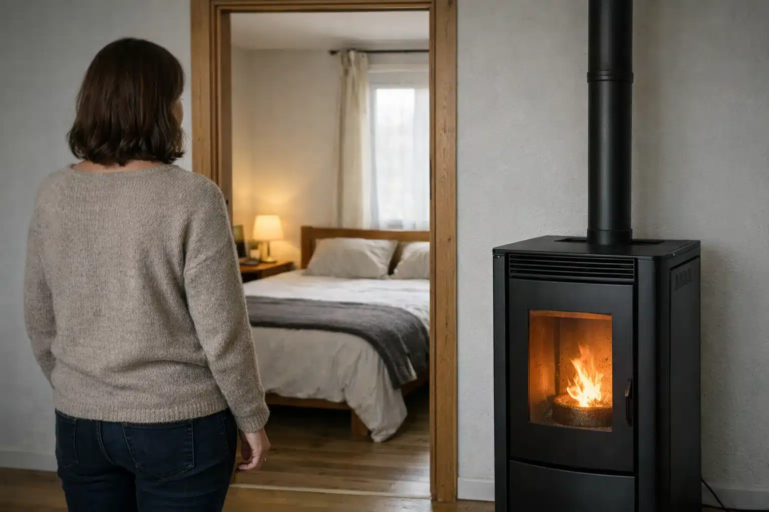 Poêle à granulés dans un salon spacieux illustrant la surface de chauffe optimale en m²