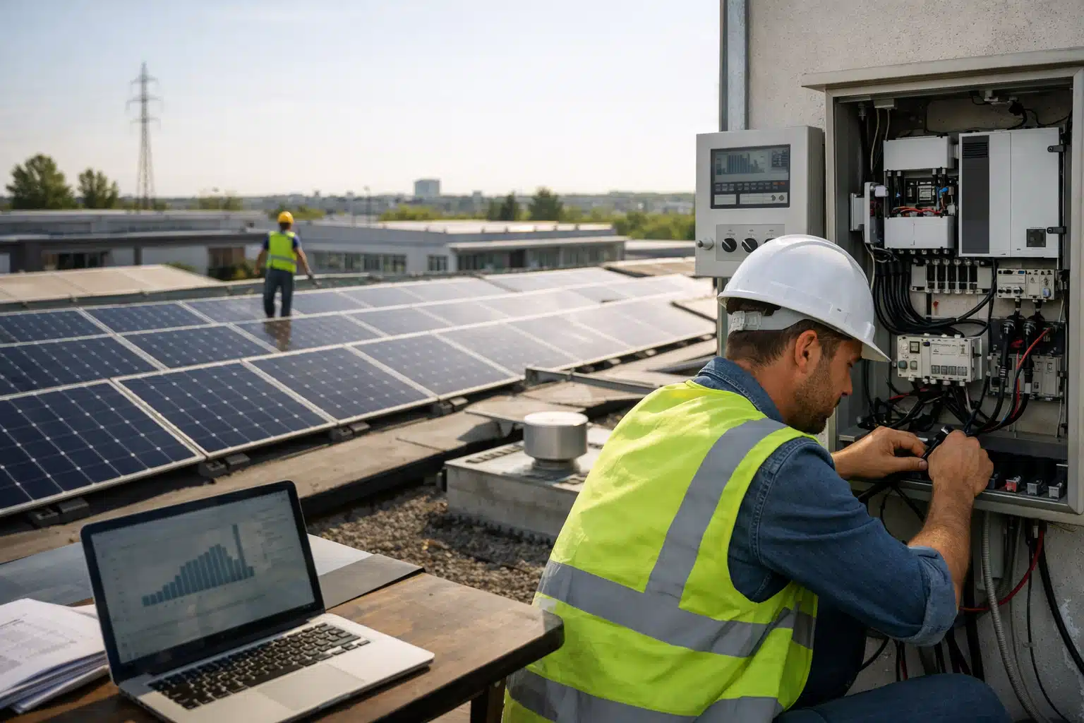 Techniciens contrôlant panneaux solaires sur toiture