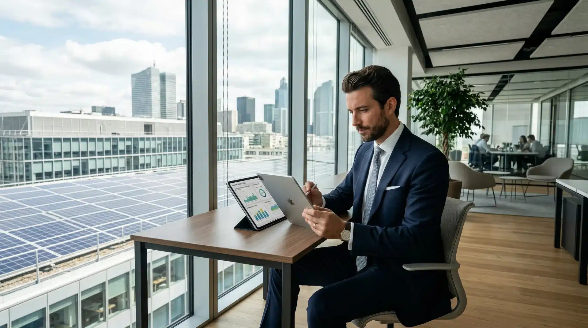 Professionnel analysant les économies d'énergie solaire dans un bureau moderne avec panneaux photovoltaïques en arrière-plan