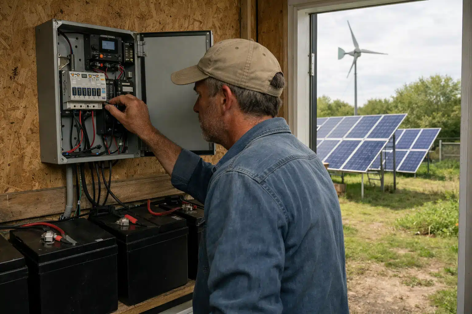 Technicien solaire réglant un tableau électrique, panneaux et éolienne