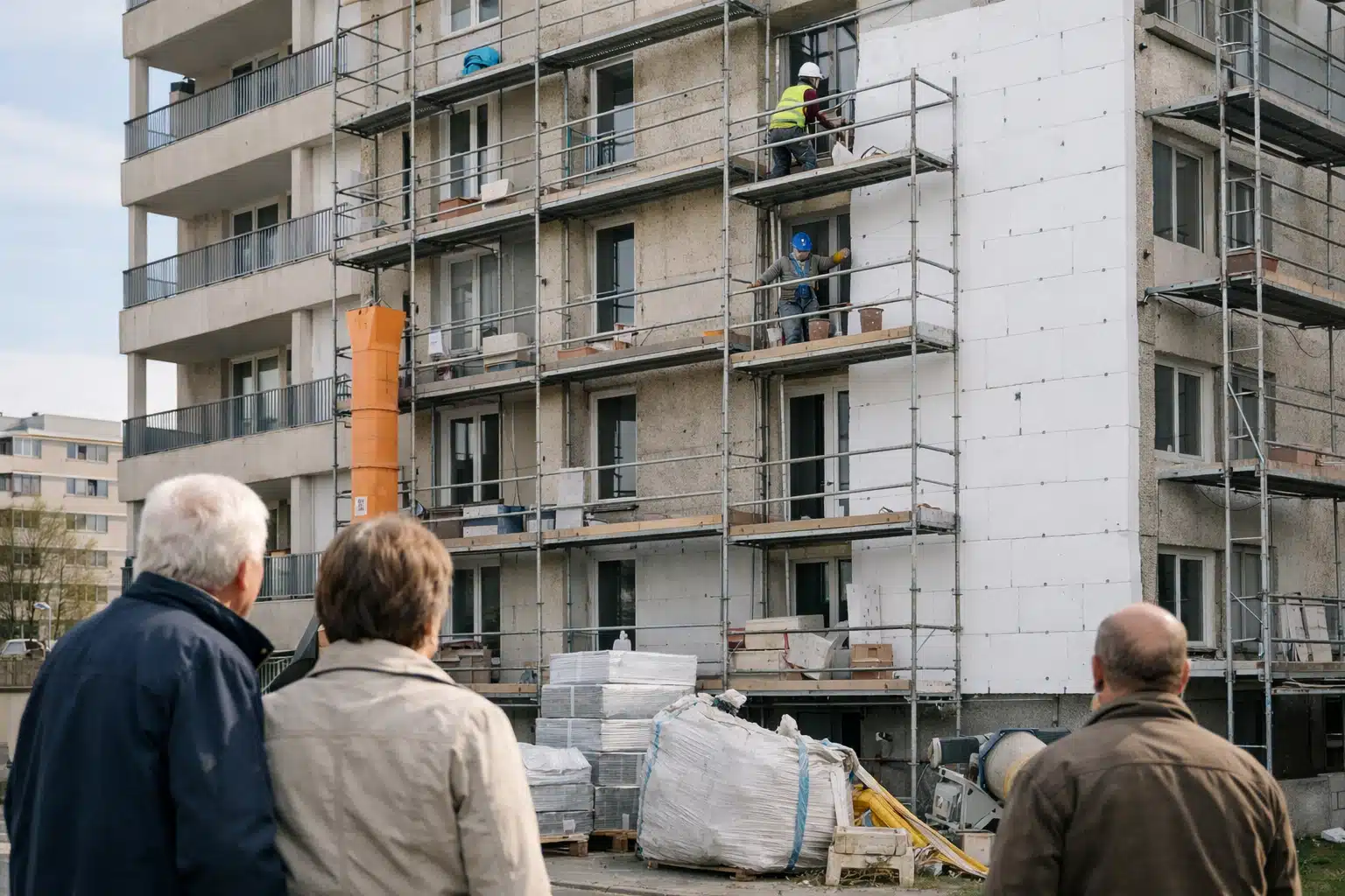 Ouvrier sur échafaudage rénovant la façade d'un immeuble