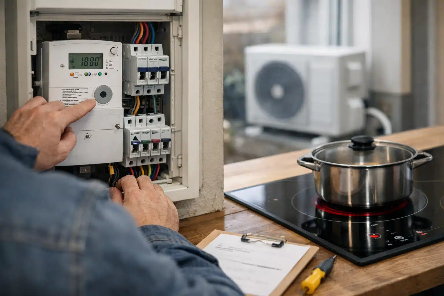 Électricien ajustant un tableau électrique près d'une plaque de cuisson