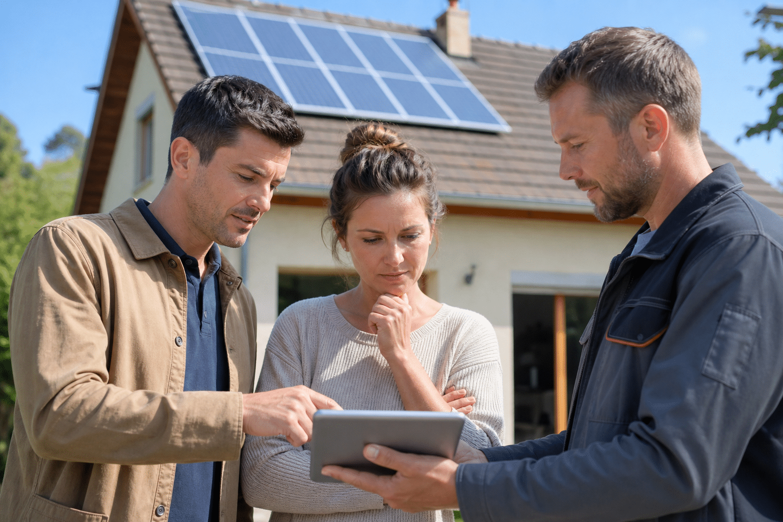 Trois personnes examinant tablette devant maison à panneaux solaires