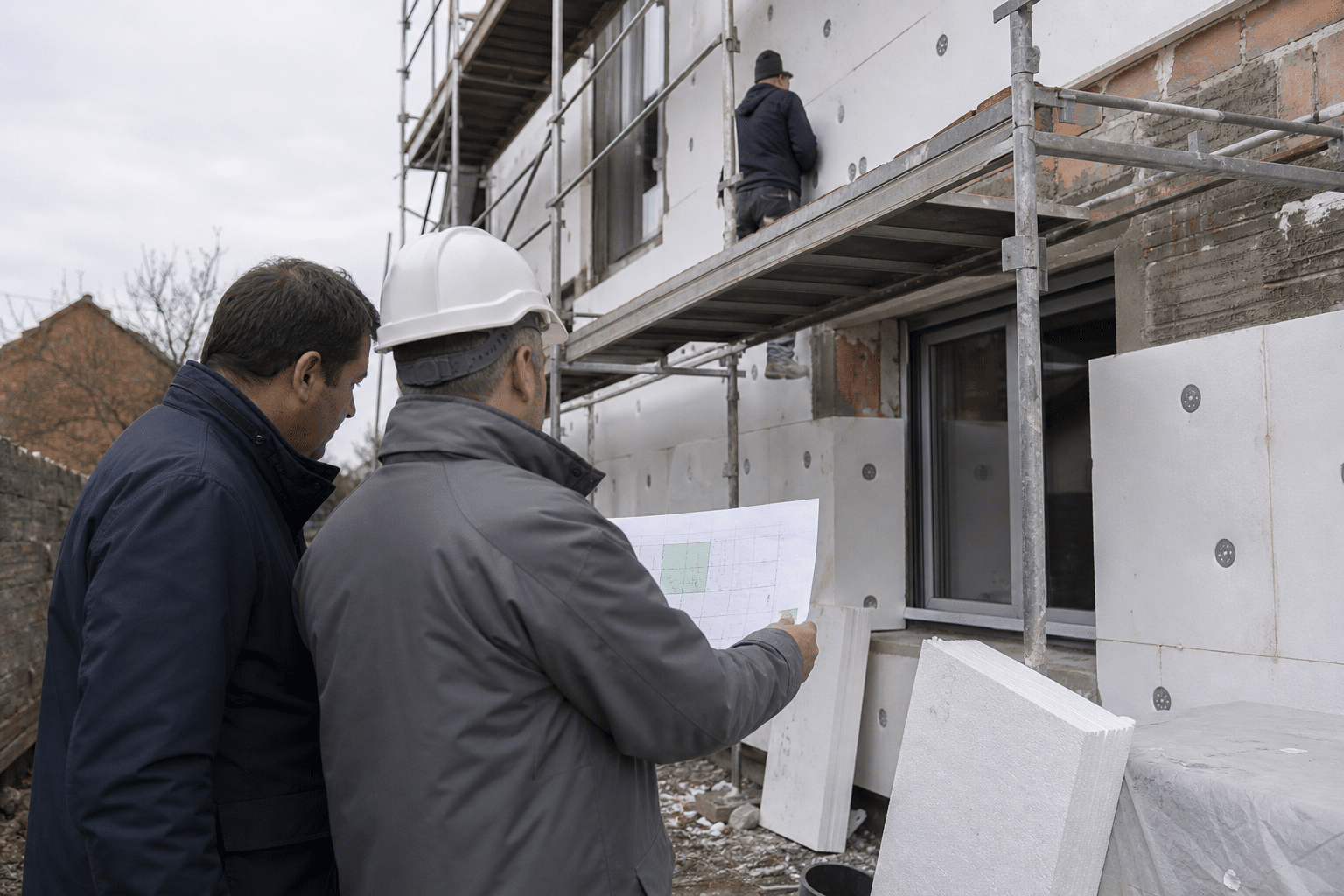 Deux ouvriers vérifiant plans devant façade en construction