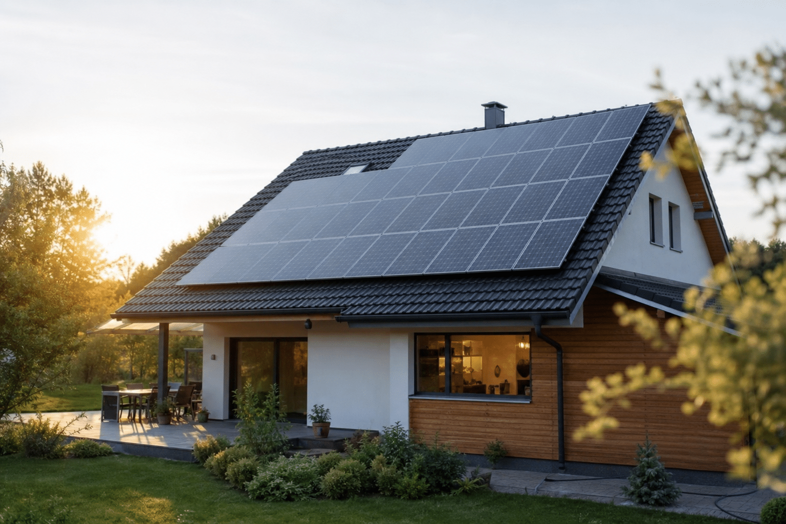 Maison moderne avec panneaux solaires sur la toiture