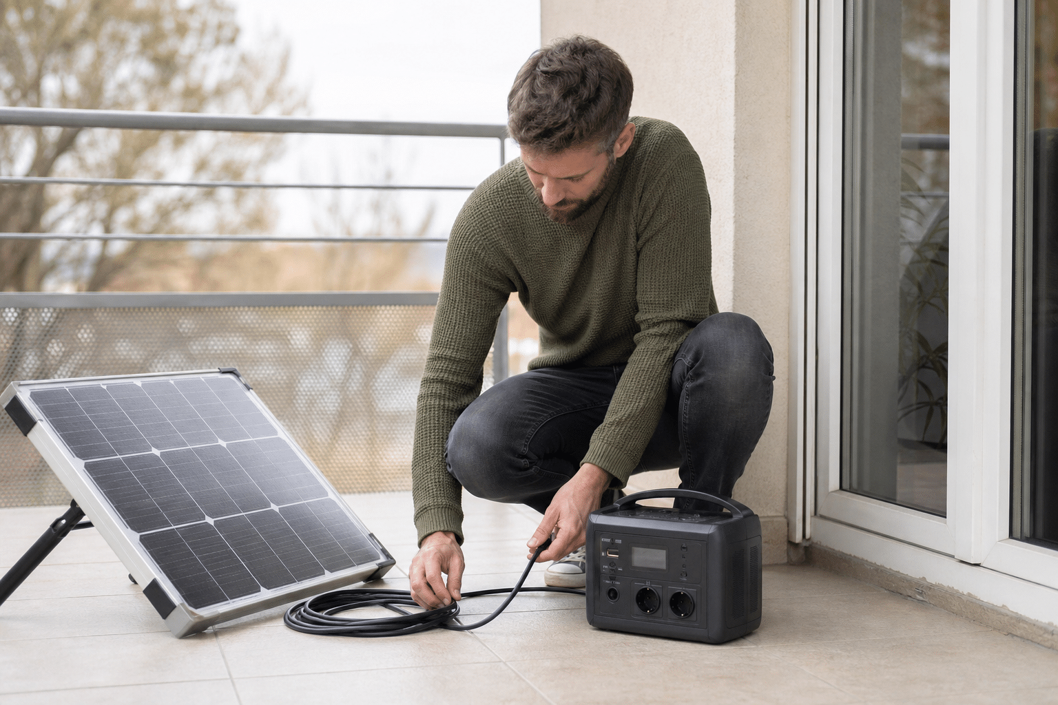 Homme connectant un panneau solaire à une batterie portable