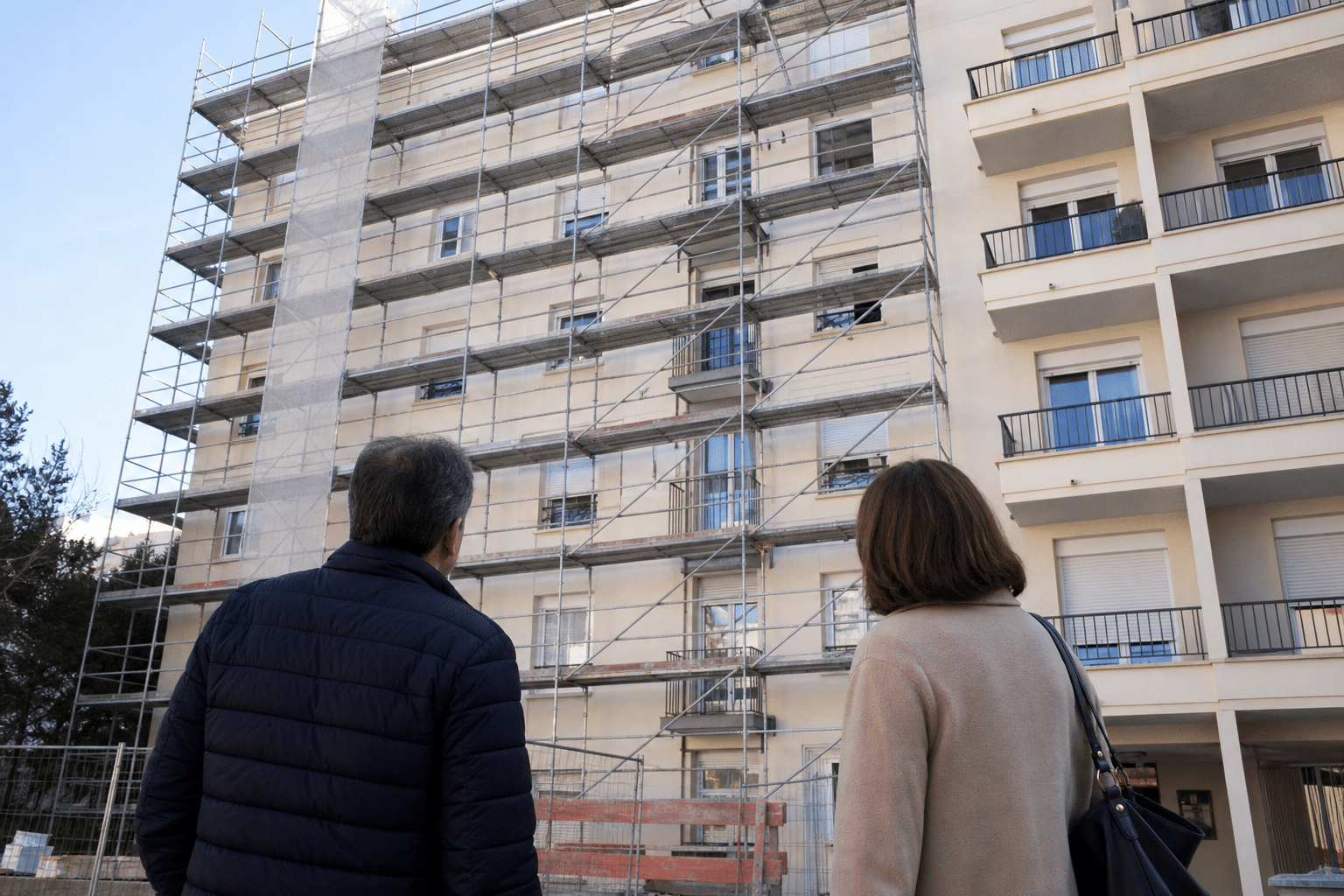 Deux personnes regardant un immeuble en échafaudage