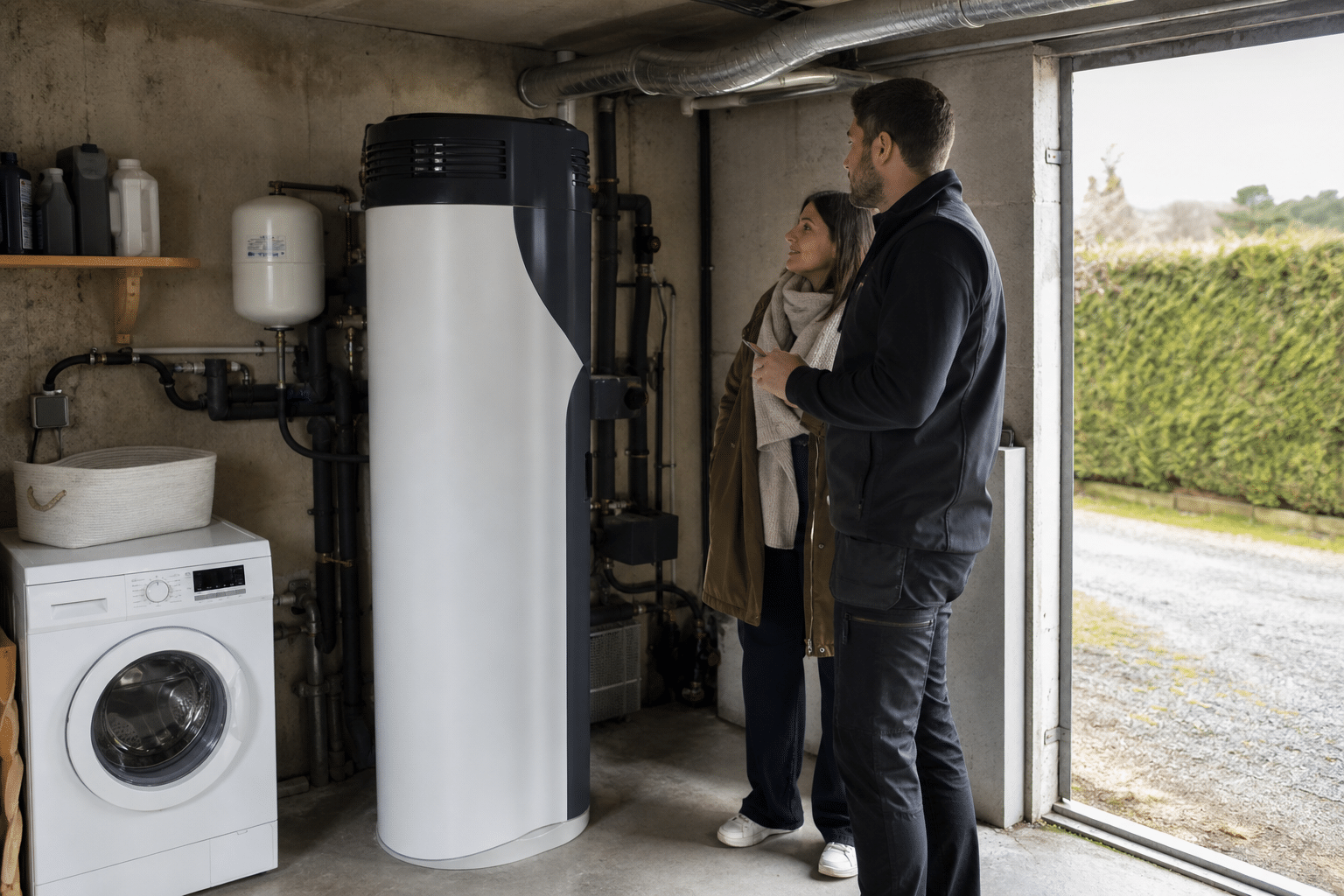 Technicien et cliente devant un chauffe-eau moderne