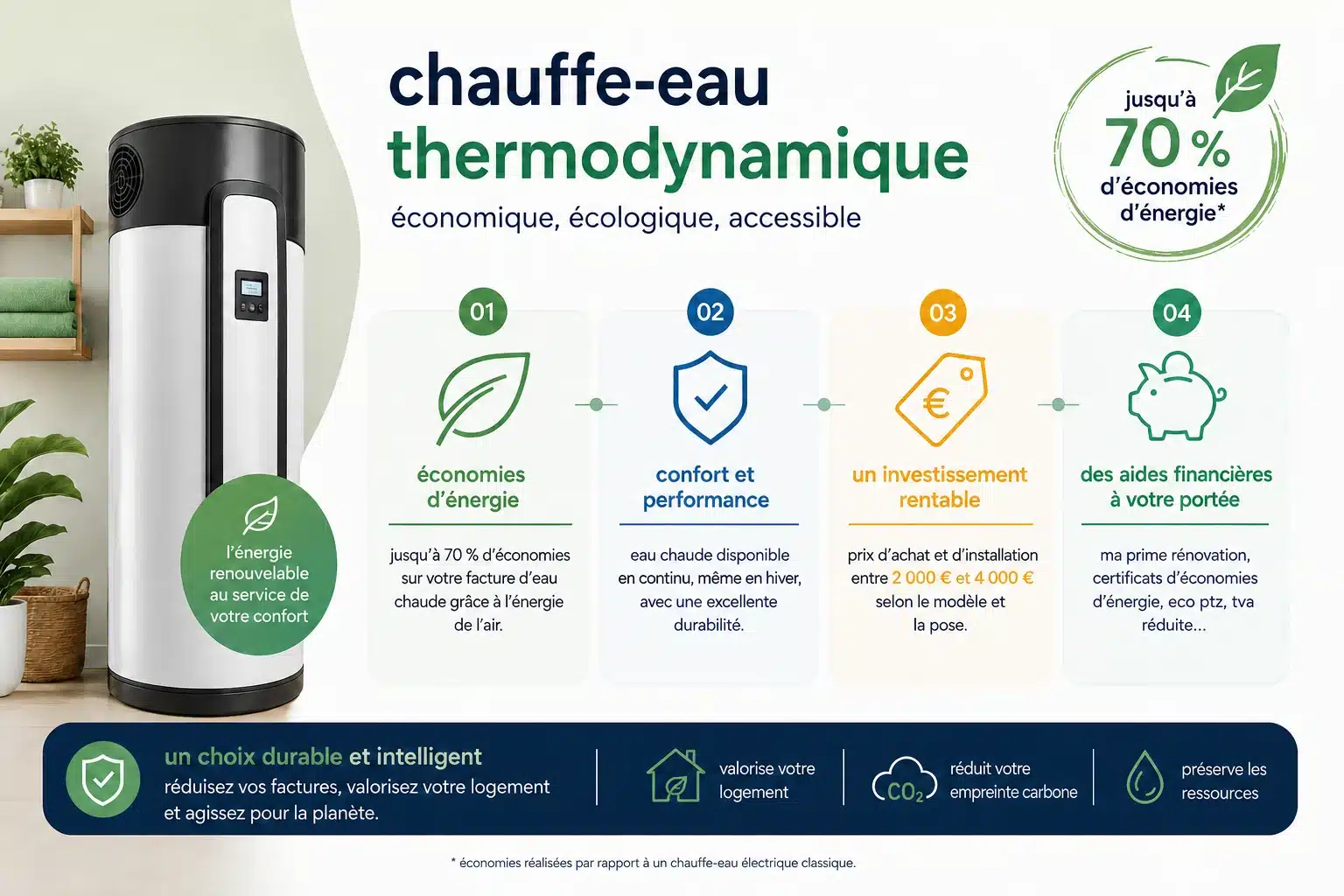 Chauffe-eau thermodynamique blanc avec icônes explicatives