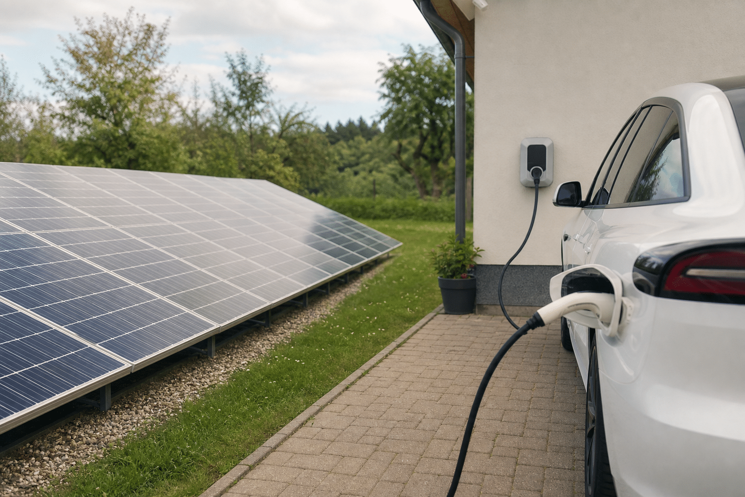 Voiture électrique en charge à côté de panneaux solaires