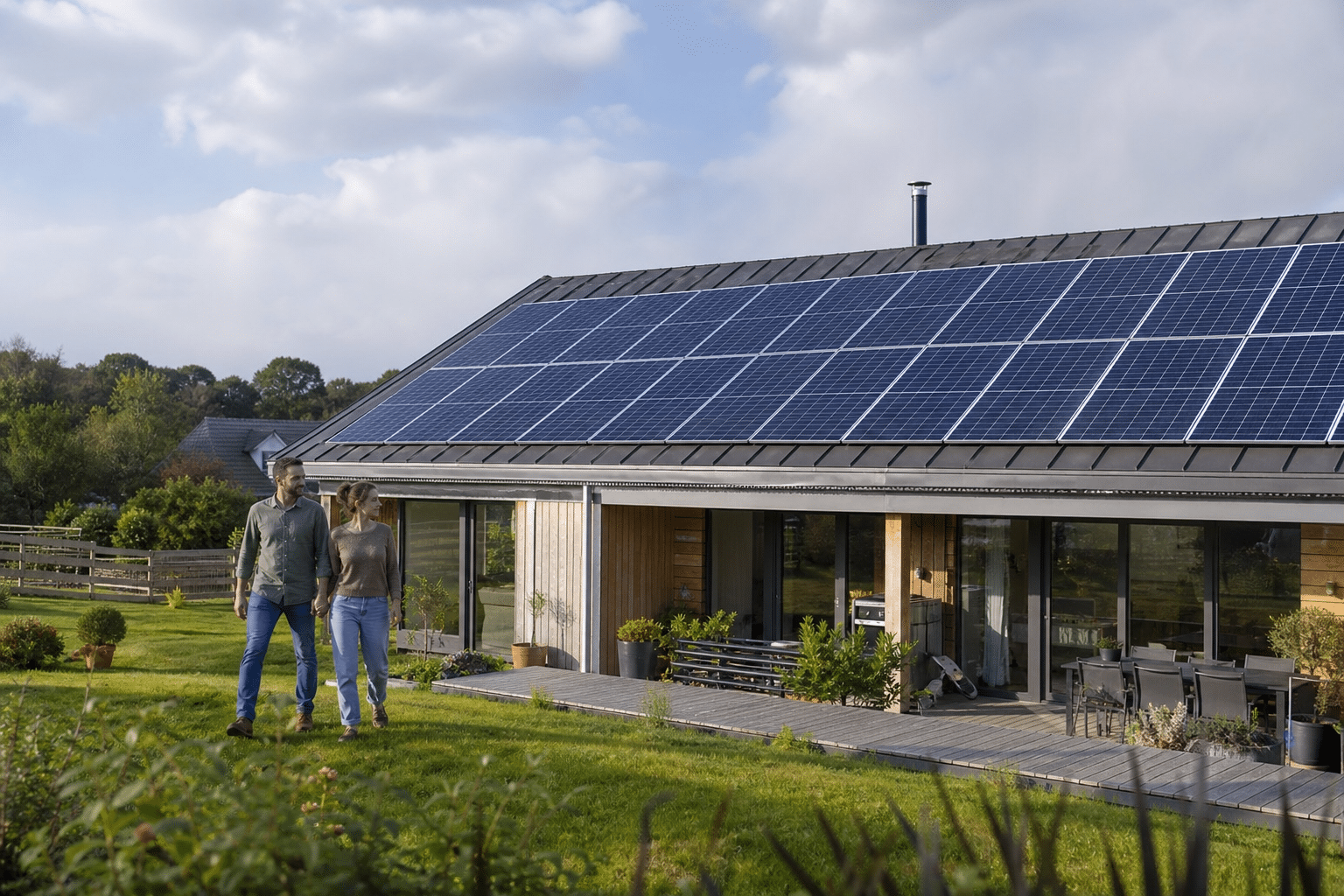 Maison contemporaine avec panneaux solaires sur toit, couple