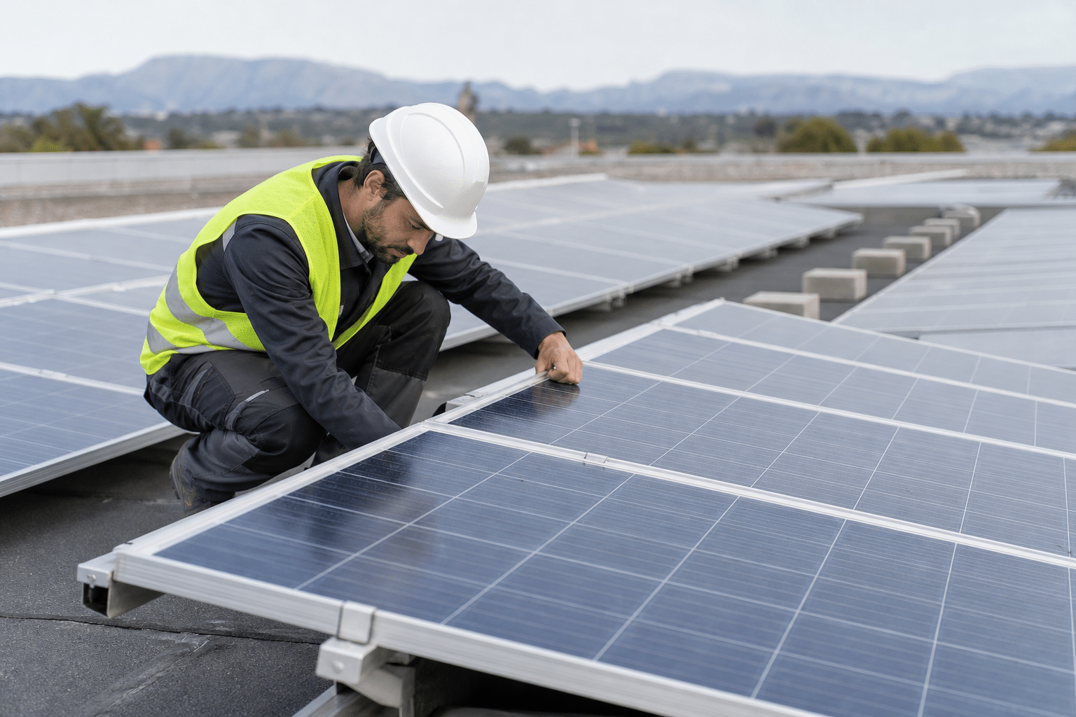 Technicien vérifiant des panneaux solaires sur toiture