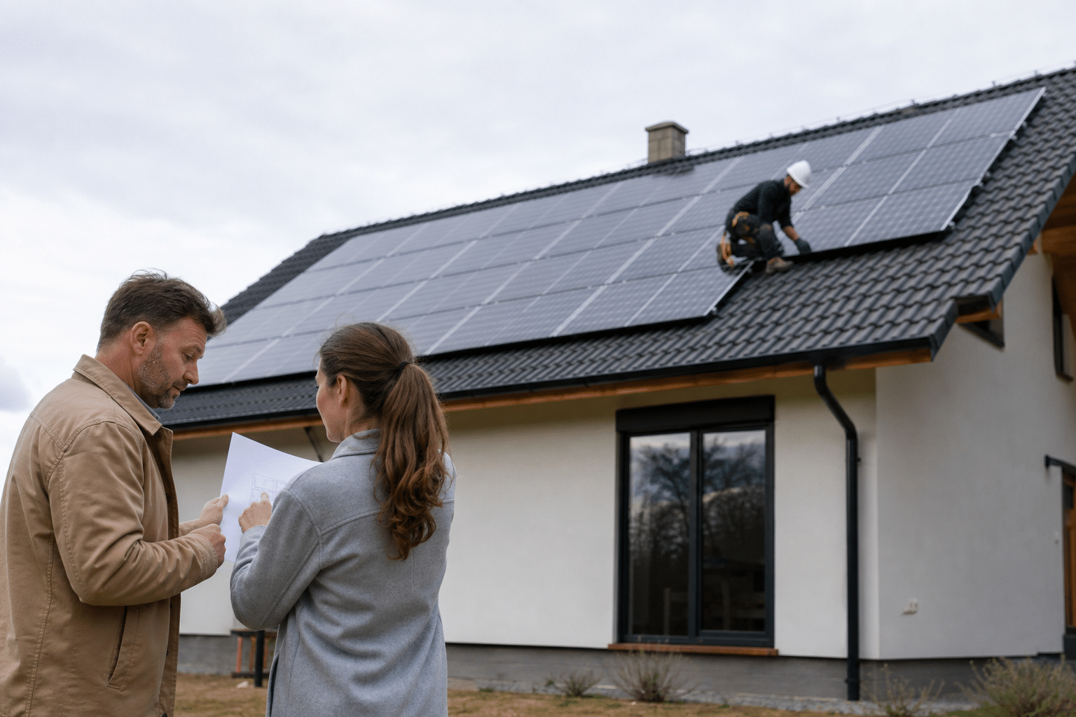 Technicien installant panneaux solaires sur toiture, clients examinant plans
