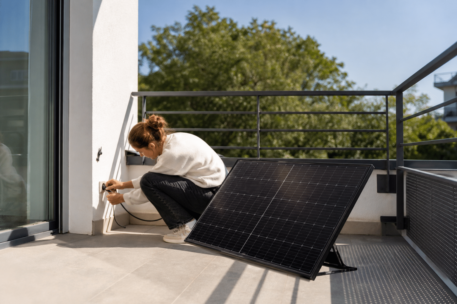 Personne installant un câble près d'un panneau solaire