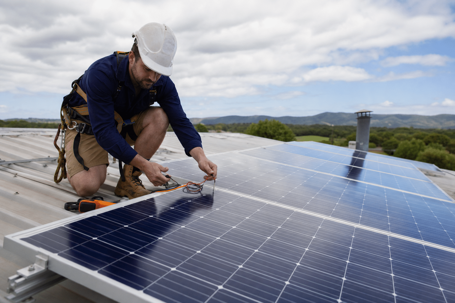 Technicien en casque fixant panneaux solaires sur toit
