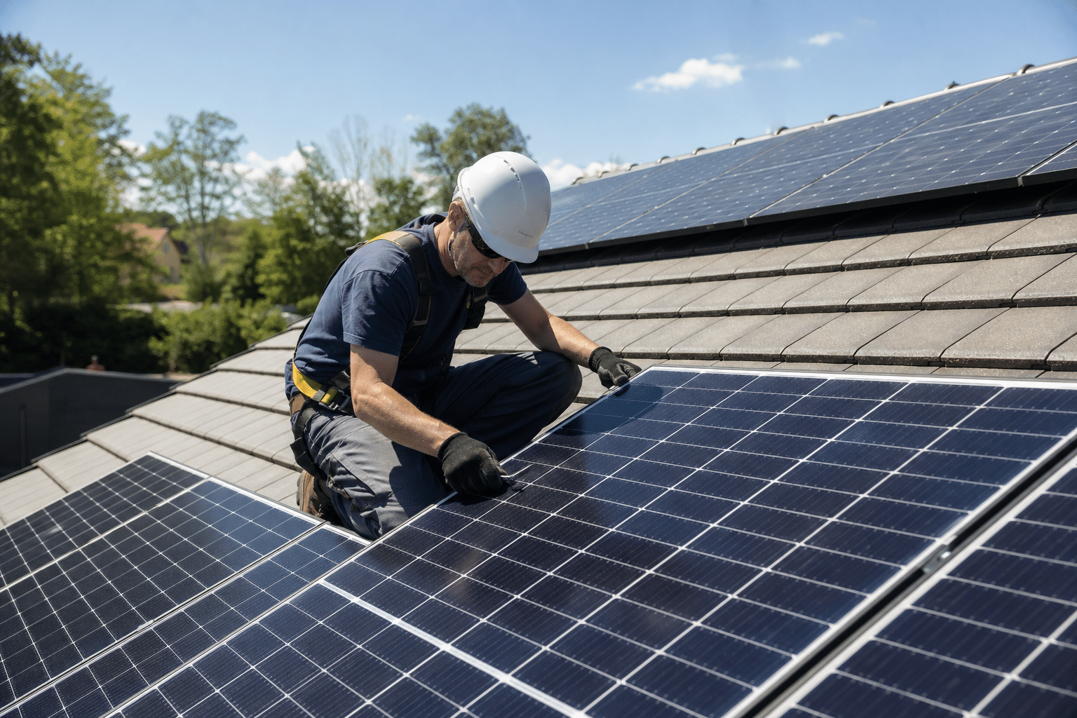 Technicien en casque installant panneaux solaires sur toit