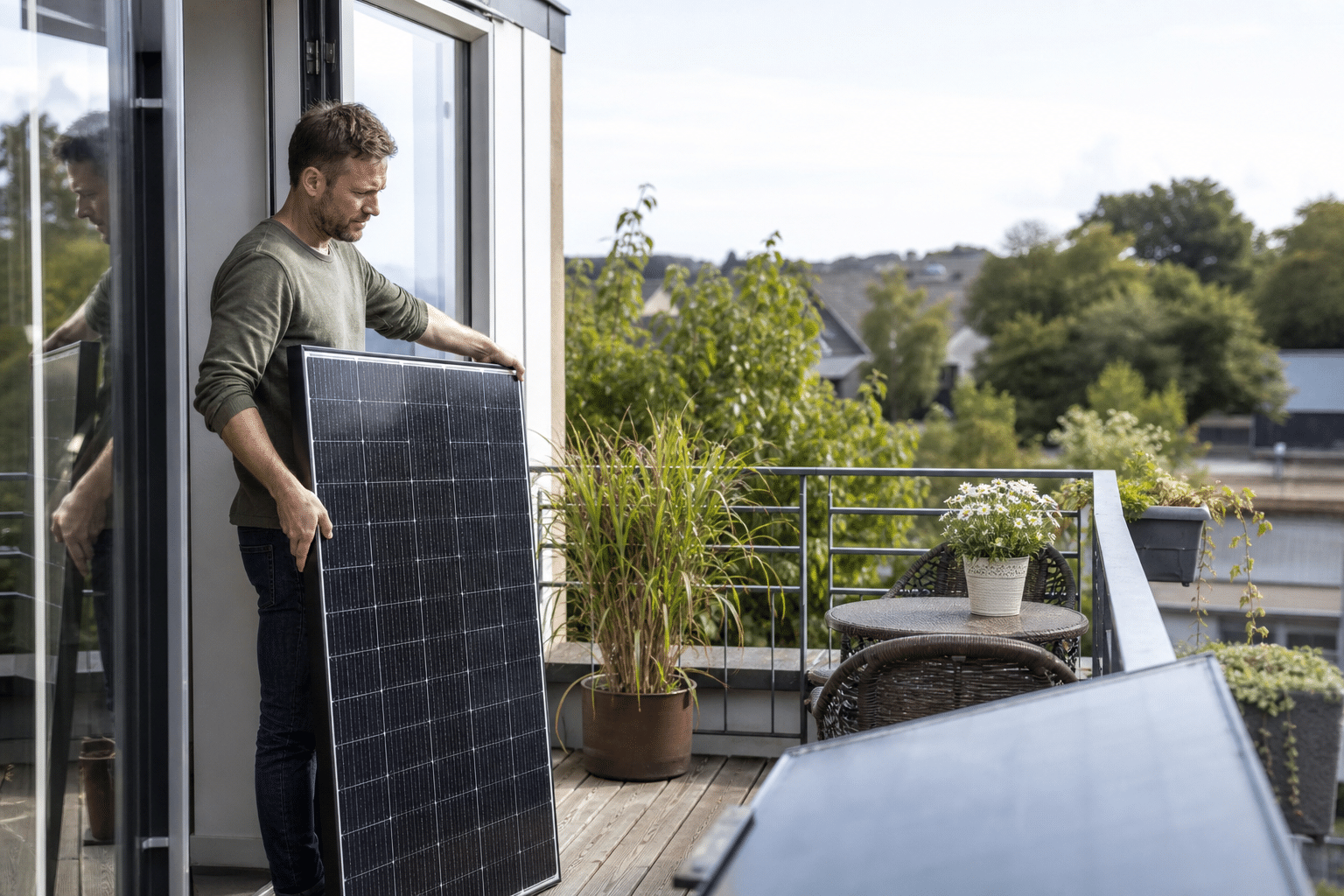 Homme transportant un panneau solaire sur un balcon