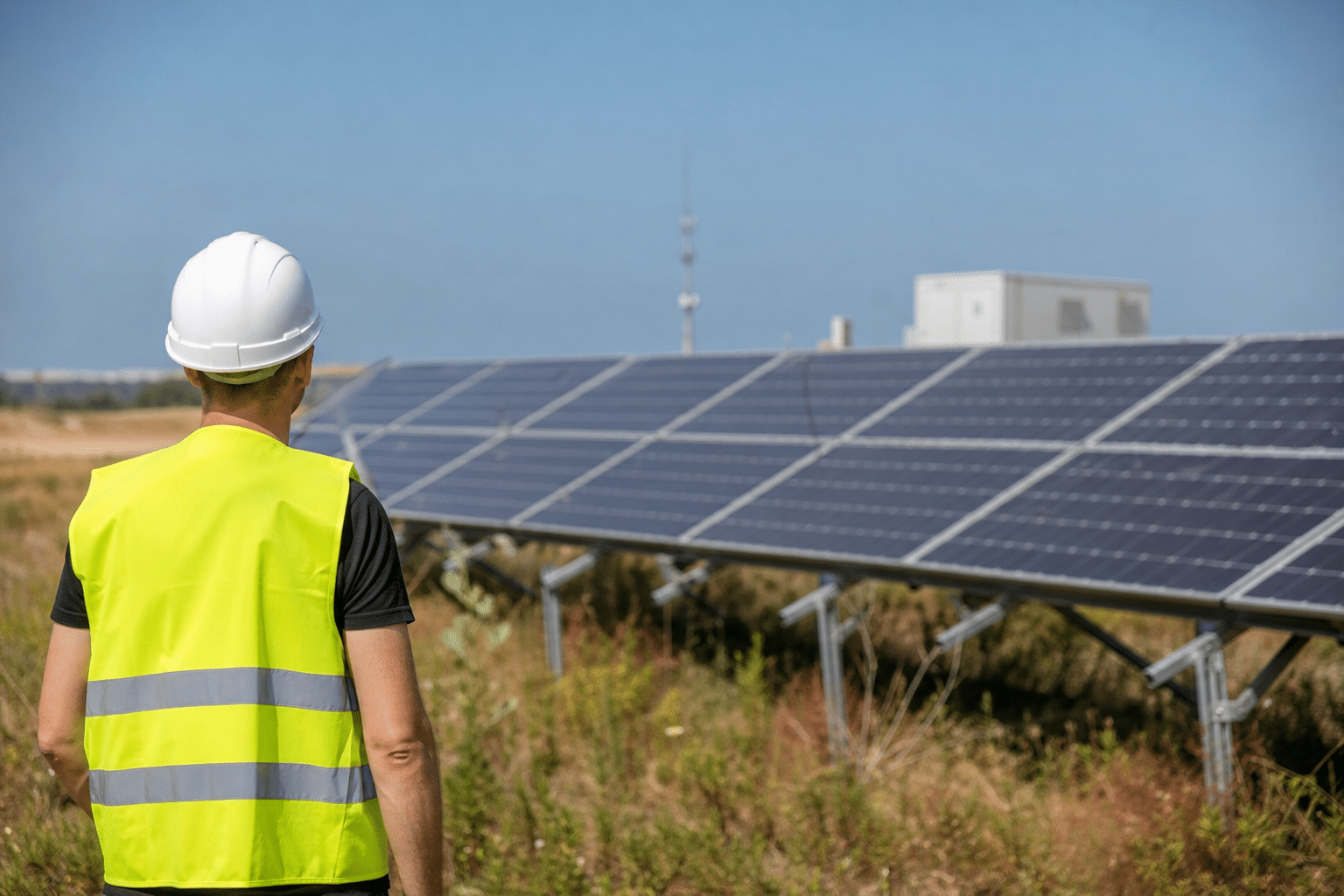 Technicien casqué en gilet jaune inspectant panneaux solaires