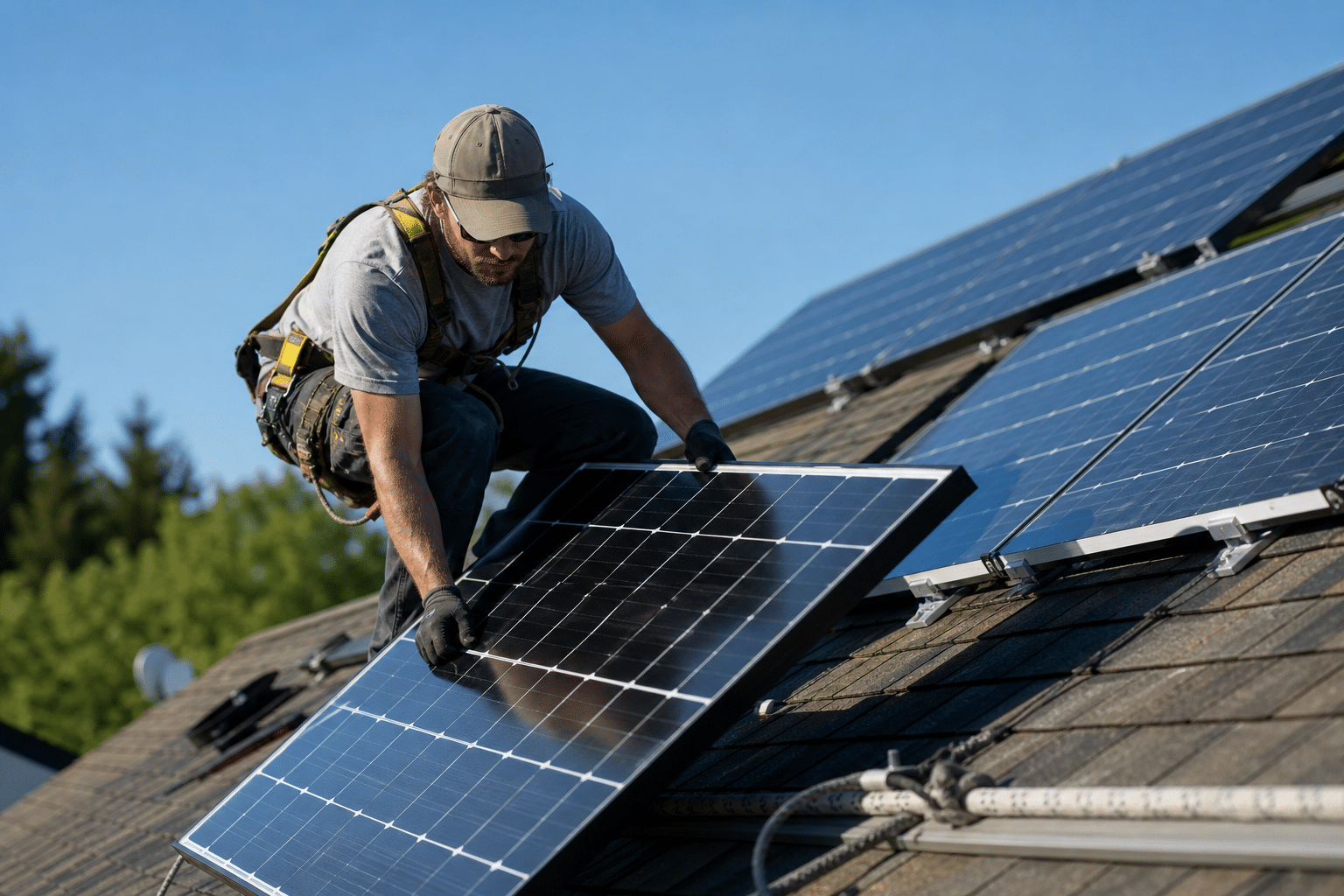 Technicien installant un panneau solaire sur toiture