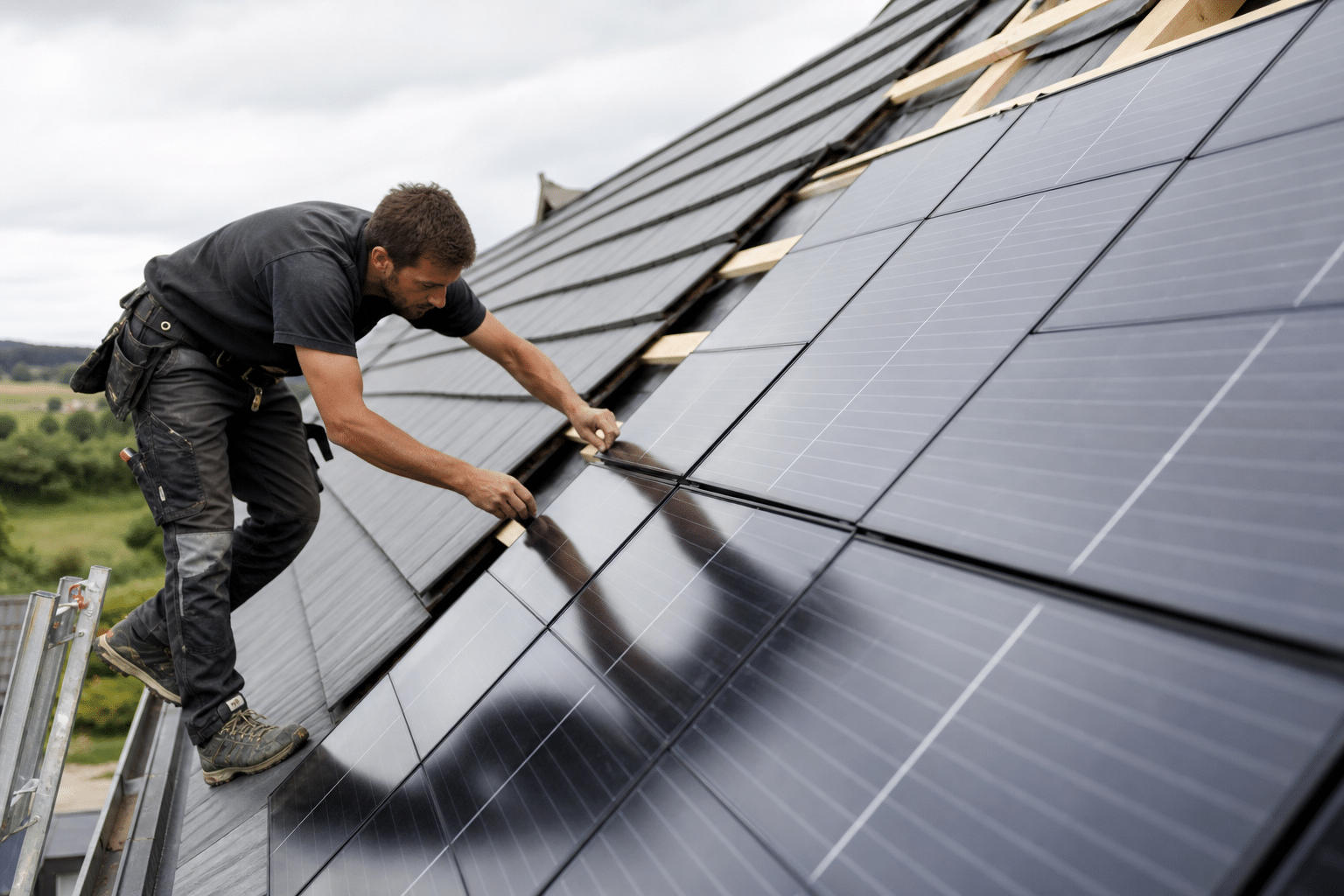 Technicien installant des panneaux solaires sur un toit