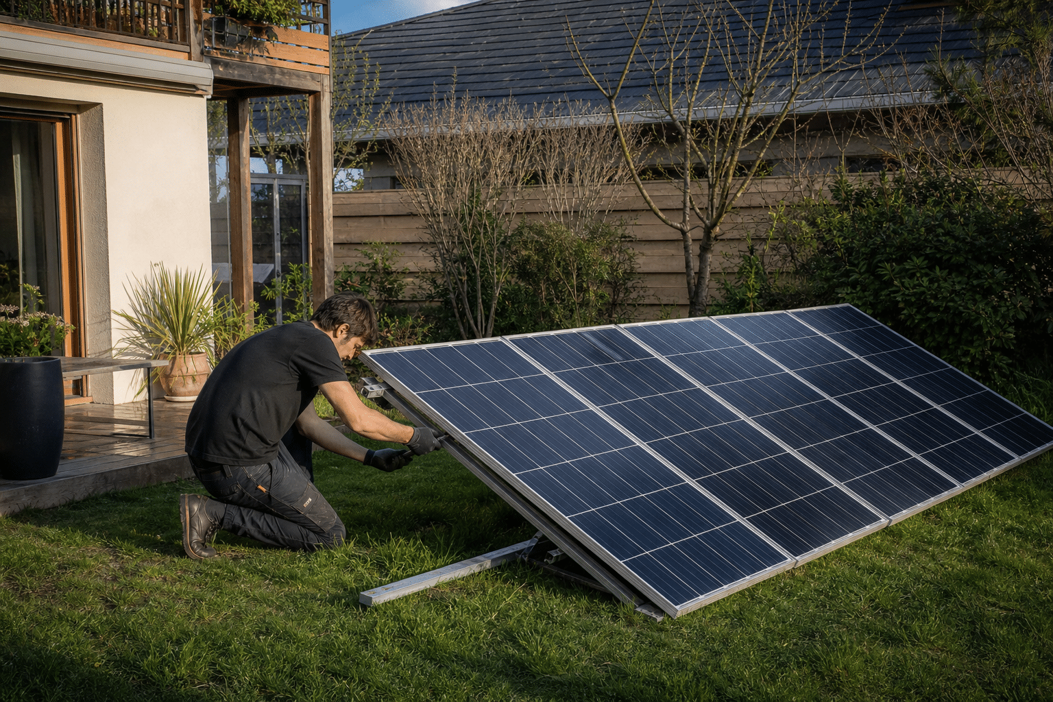 Technicien installant panneaux solaires au sol