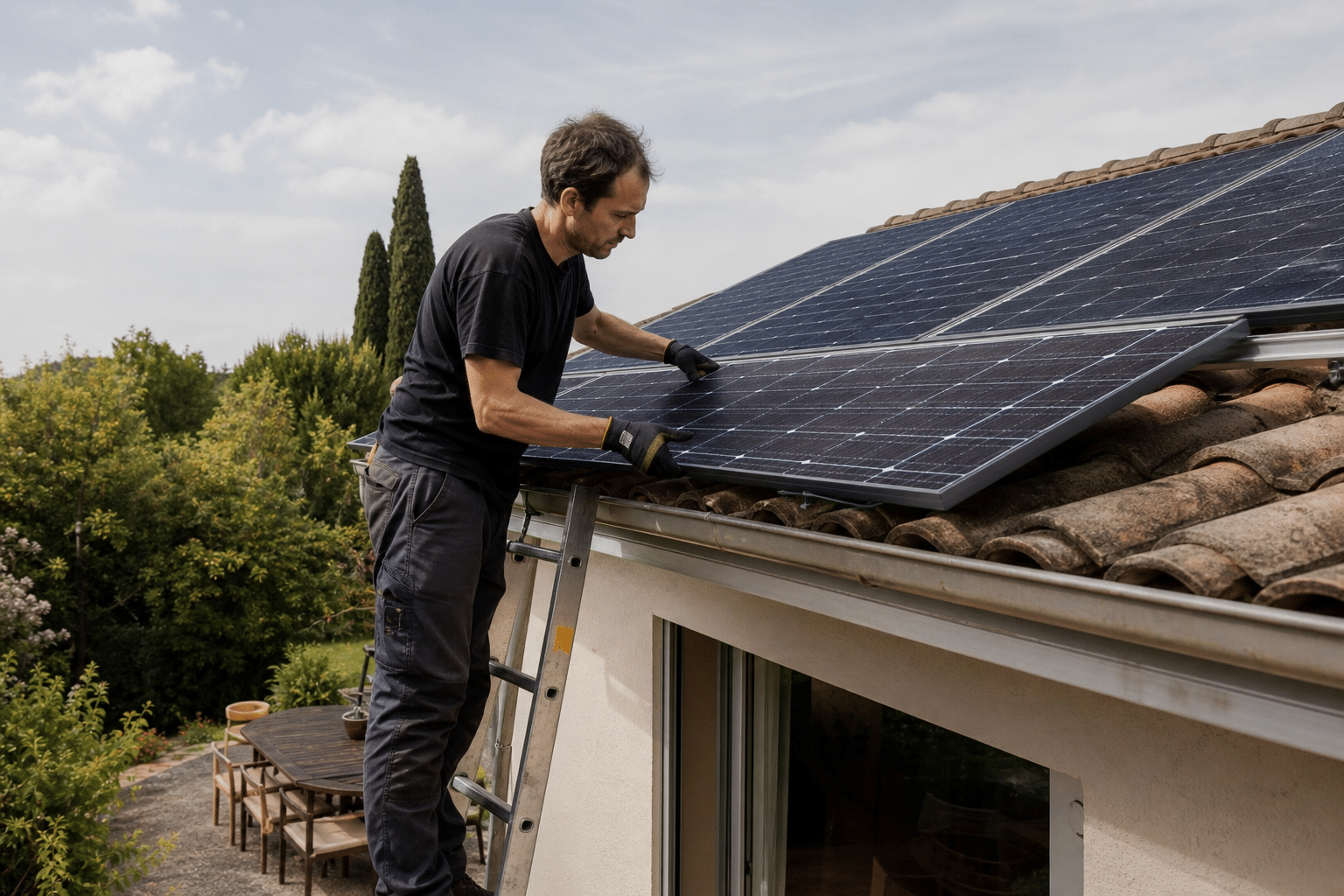 Technicien installant panneaux solaires sur toit