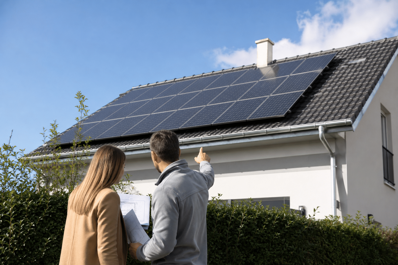Couple examinant panneaux solaires installés sur toit