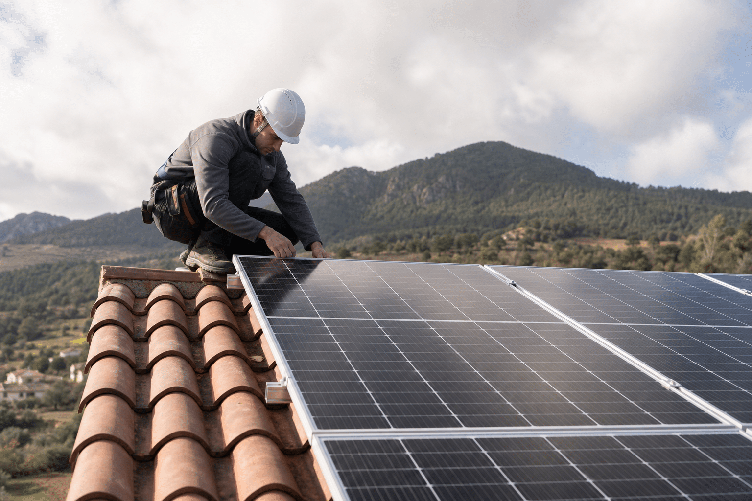 Installateur posant panneaux solaires sur toit en tuiles