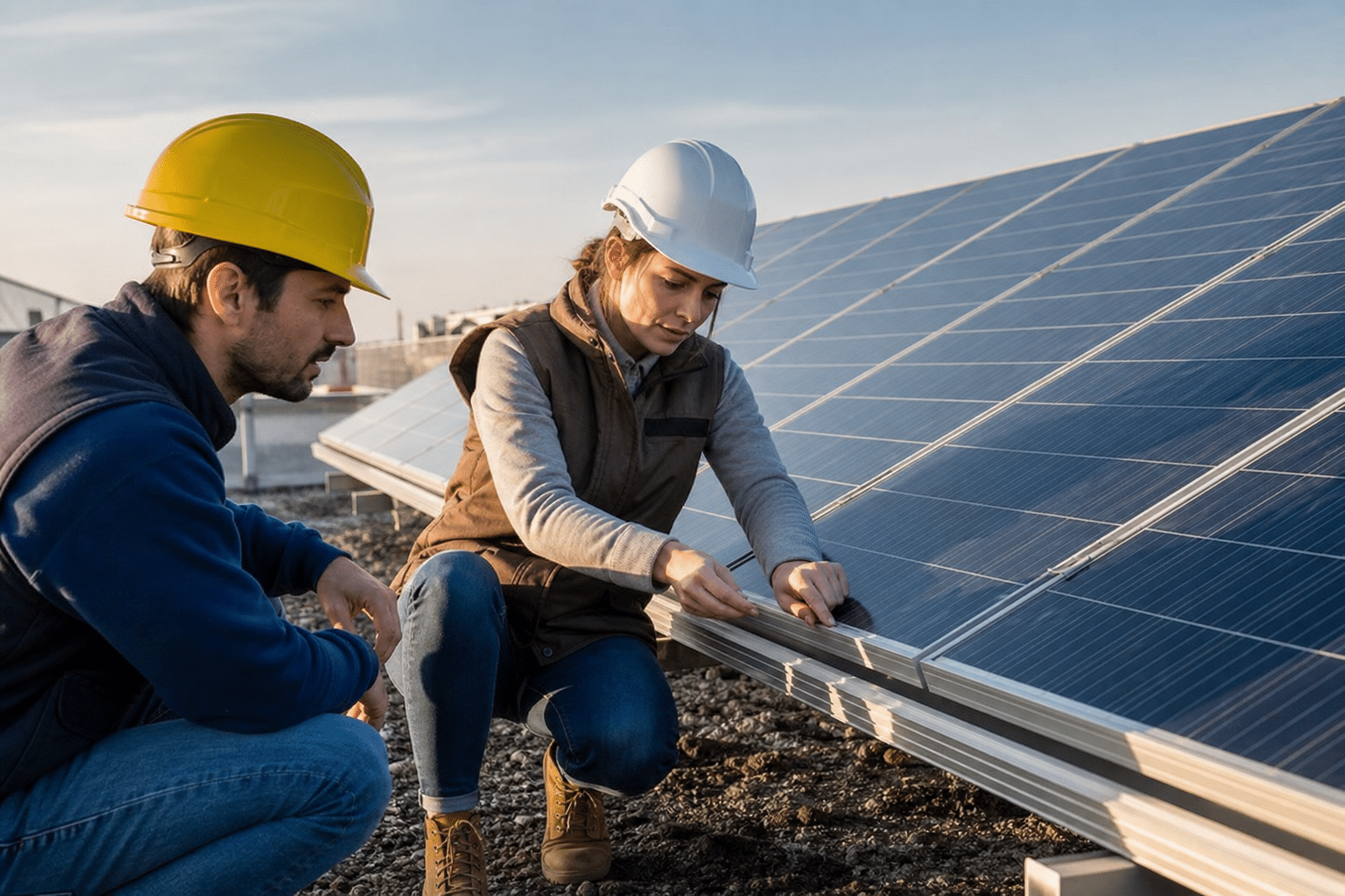 Deux techniciens casqués installant des panneaux solaires