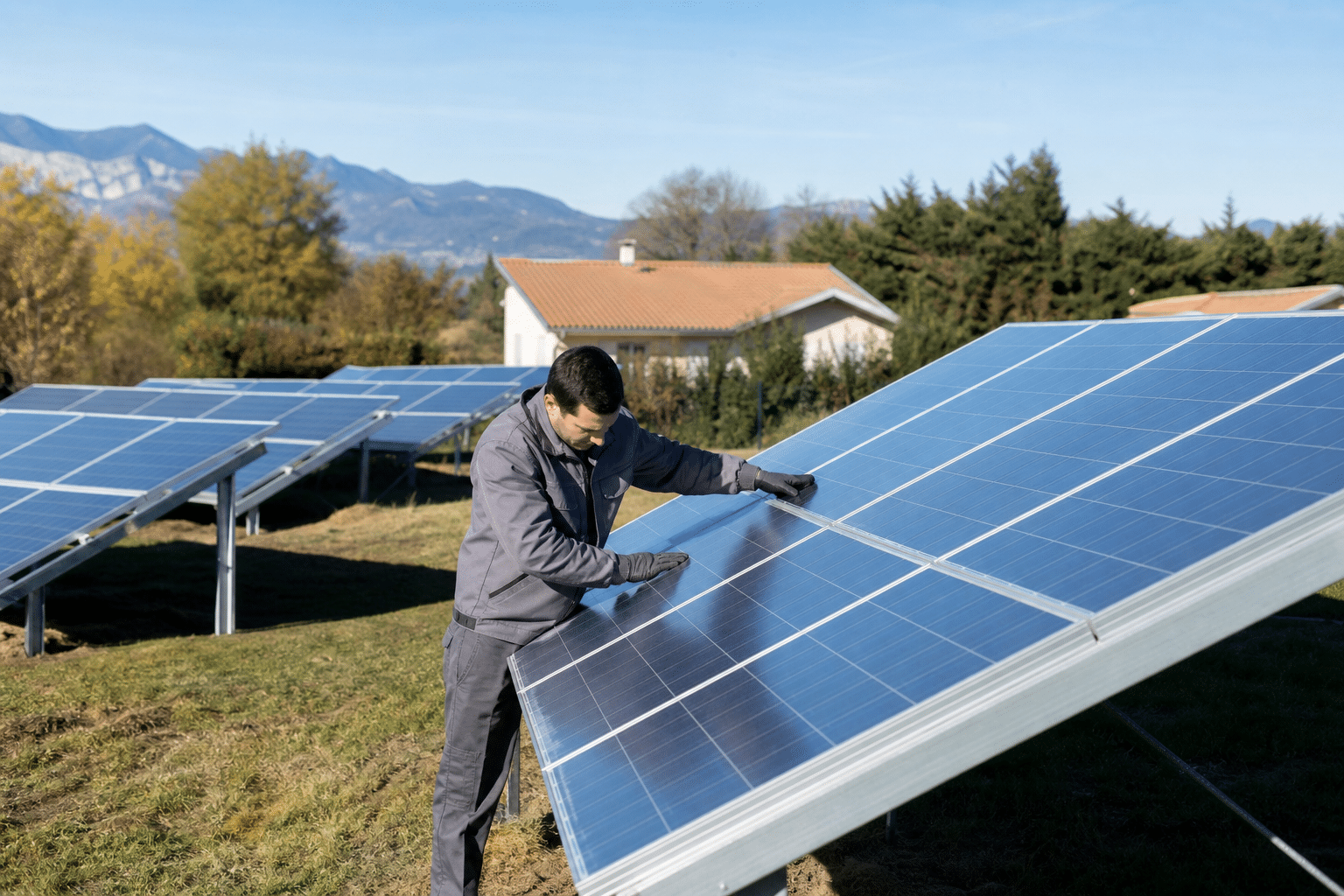 Technicien inspectant des panneaux solaires en plein air