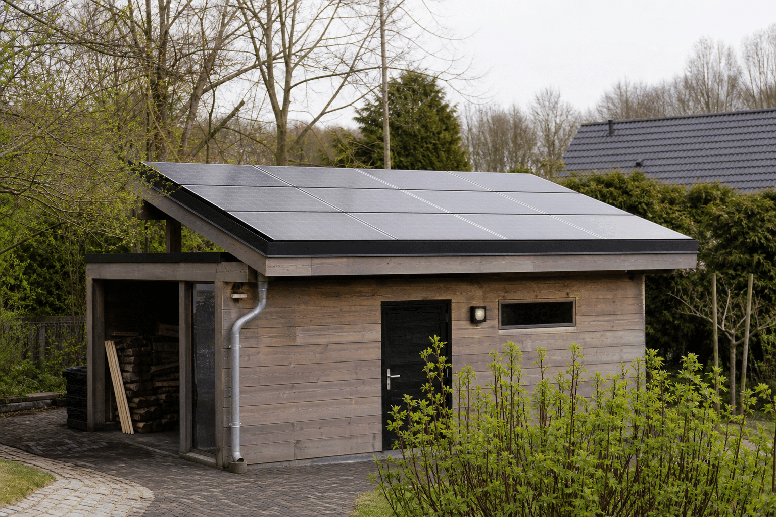 Abri en bois avec panneaux solaires sur le toit