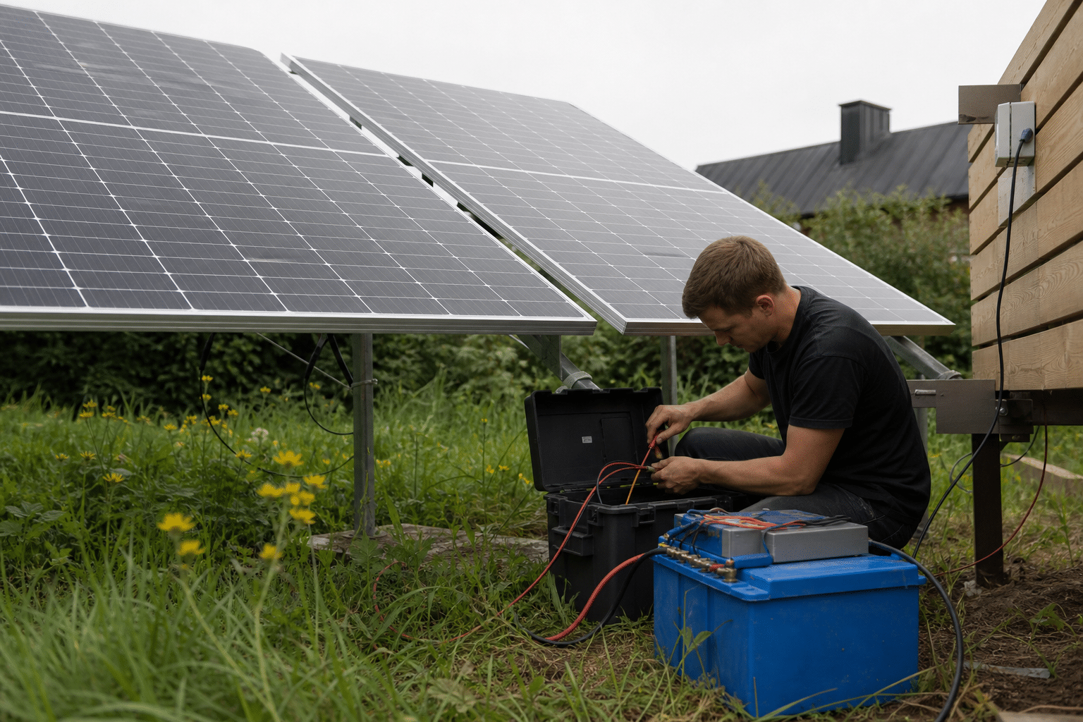 Installateur photovoltaïque raccordant câbles à panneaux solaires