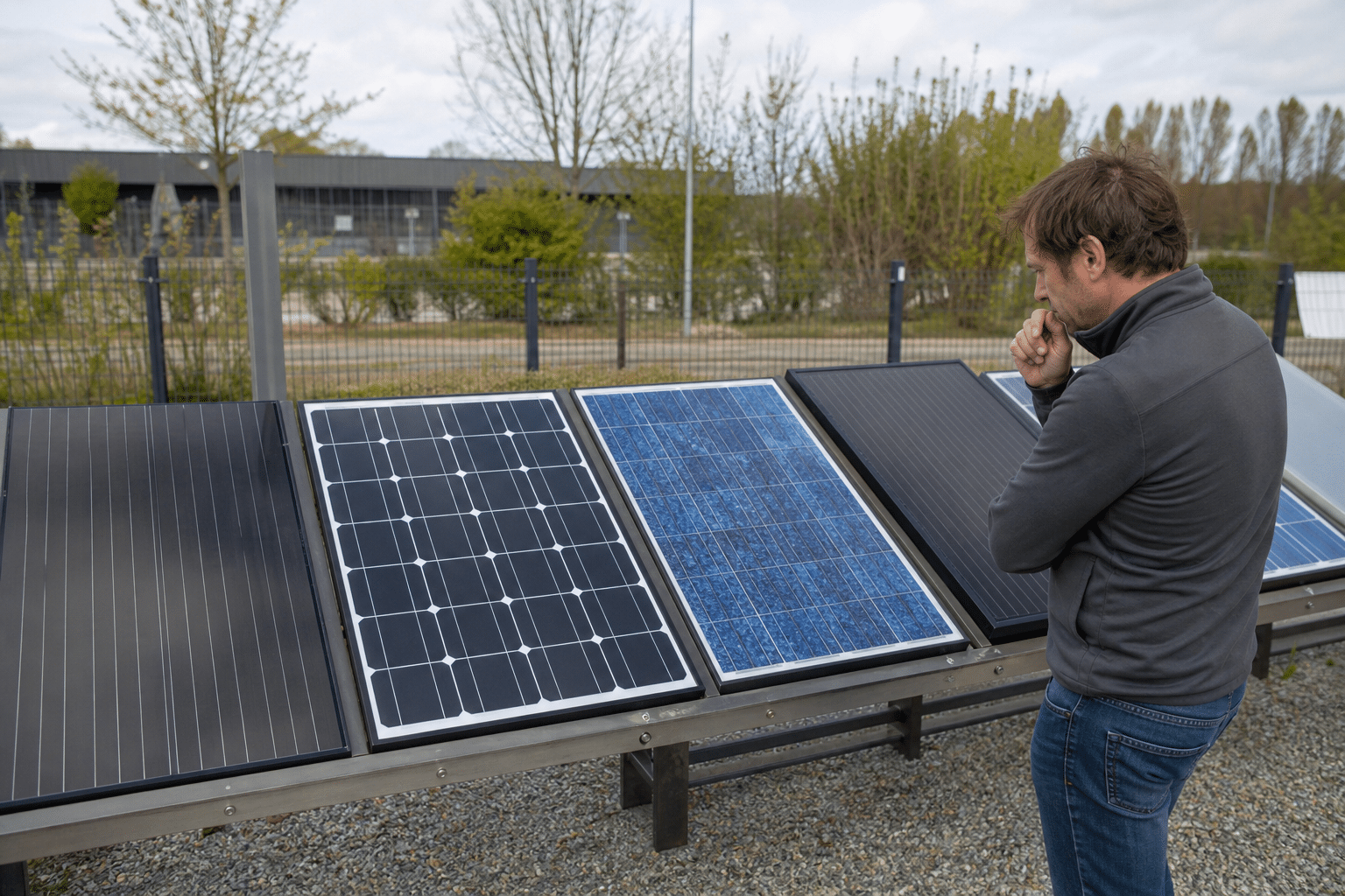 Deux hommes observant des panneaux solaires photovoltaïques sur support