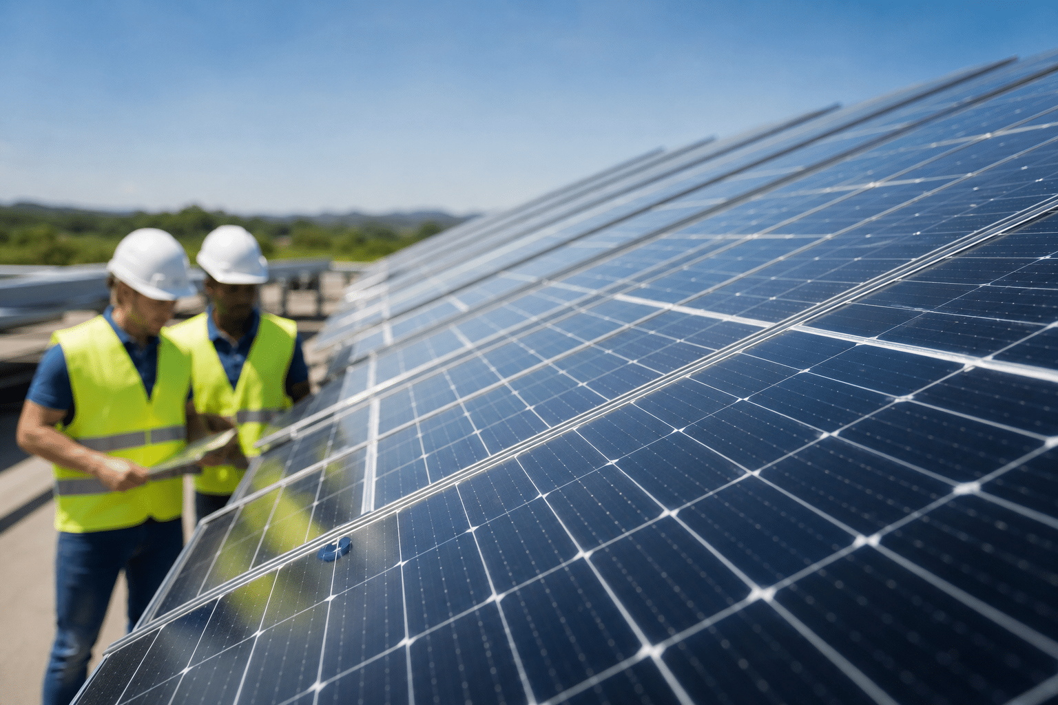 Panneaux solaires sur toit avec techniciens