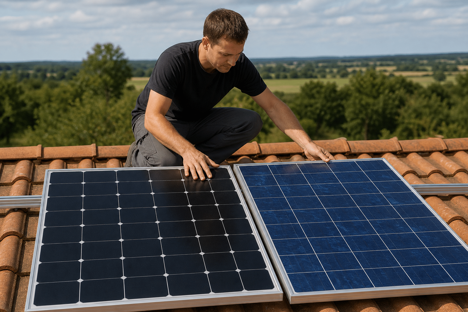 Technicien installant des panneaux solaires sur toit