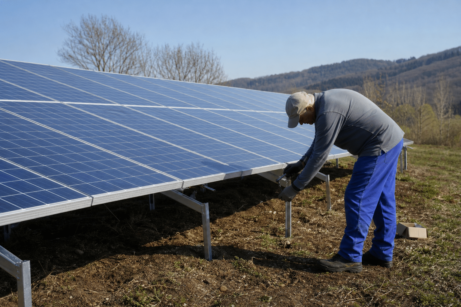 Technicien ajustant la structure de panneaux solaires