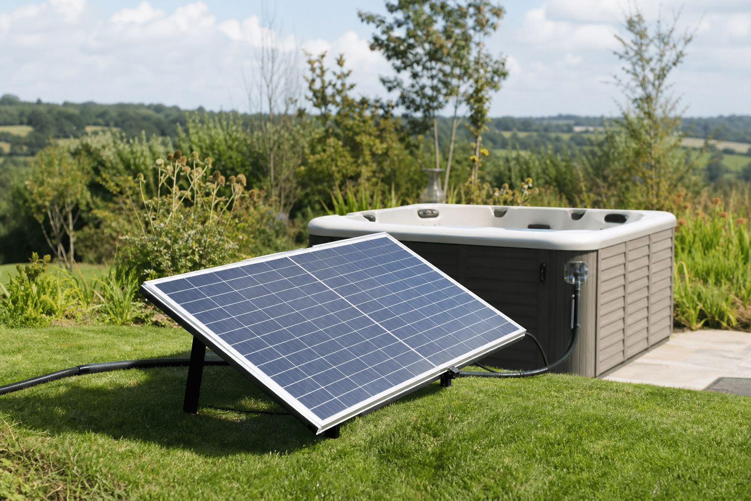 Panneau solaire posé près d'un spa extérieur