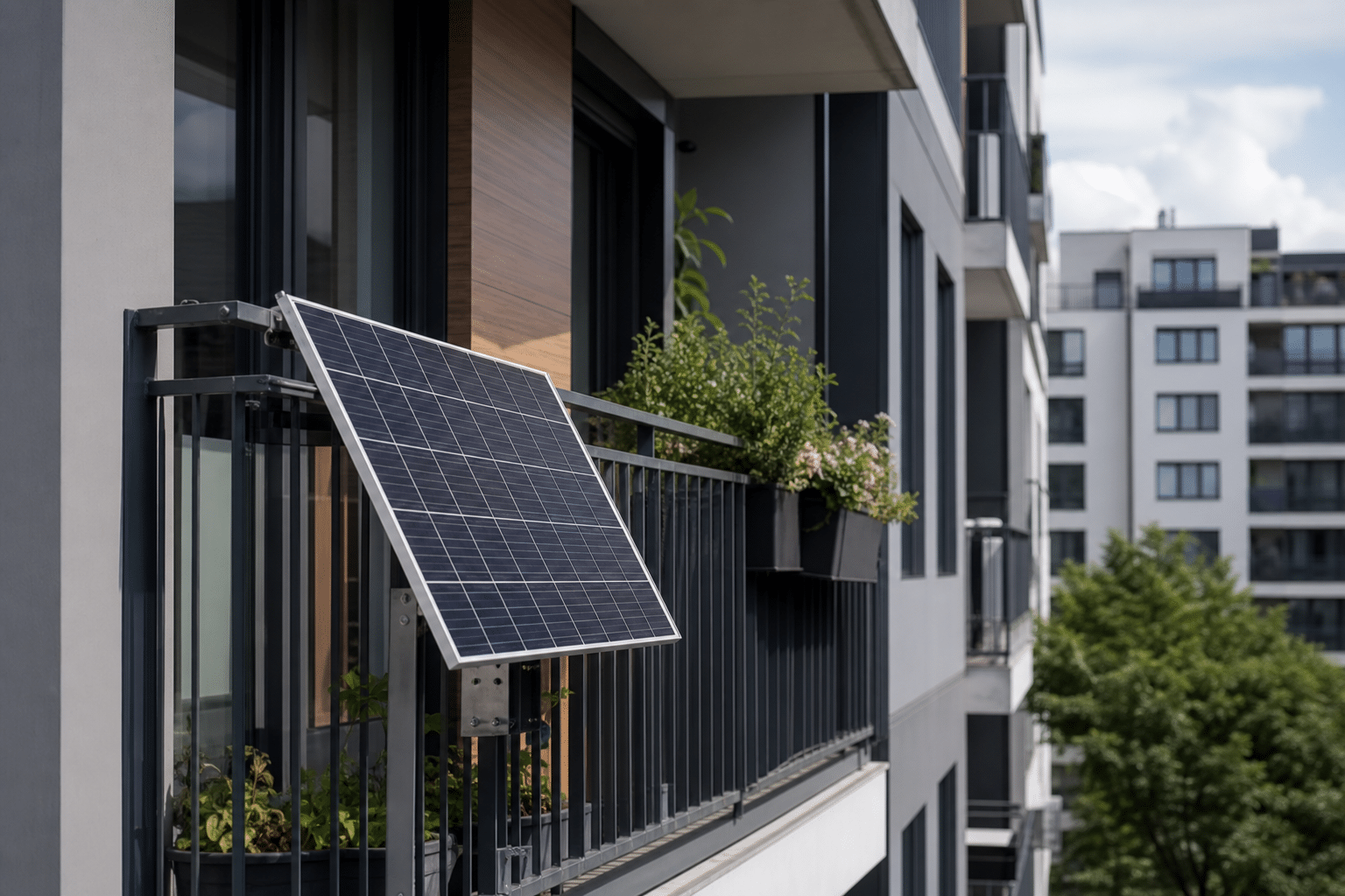 Panneau solaire fixé à une rambarde de balcon