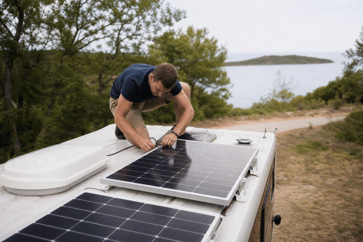 Homme installant un panneau solaire sur toit de camping-car