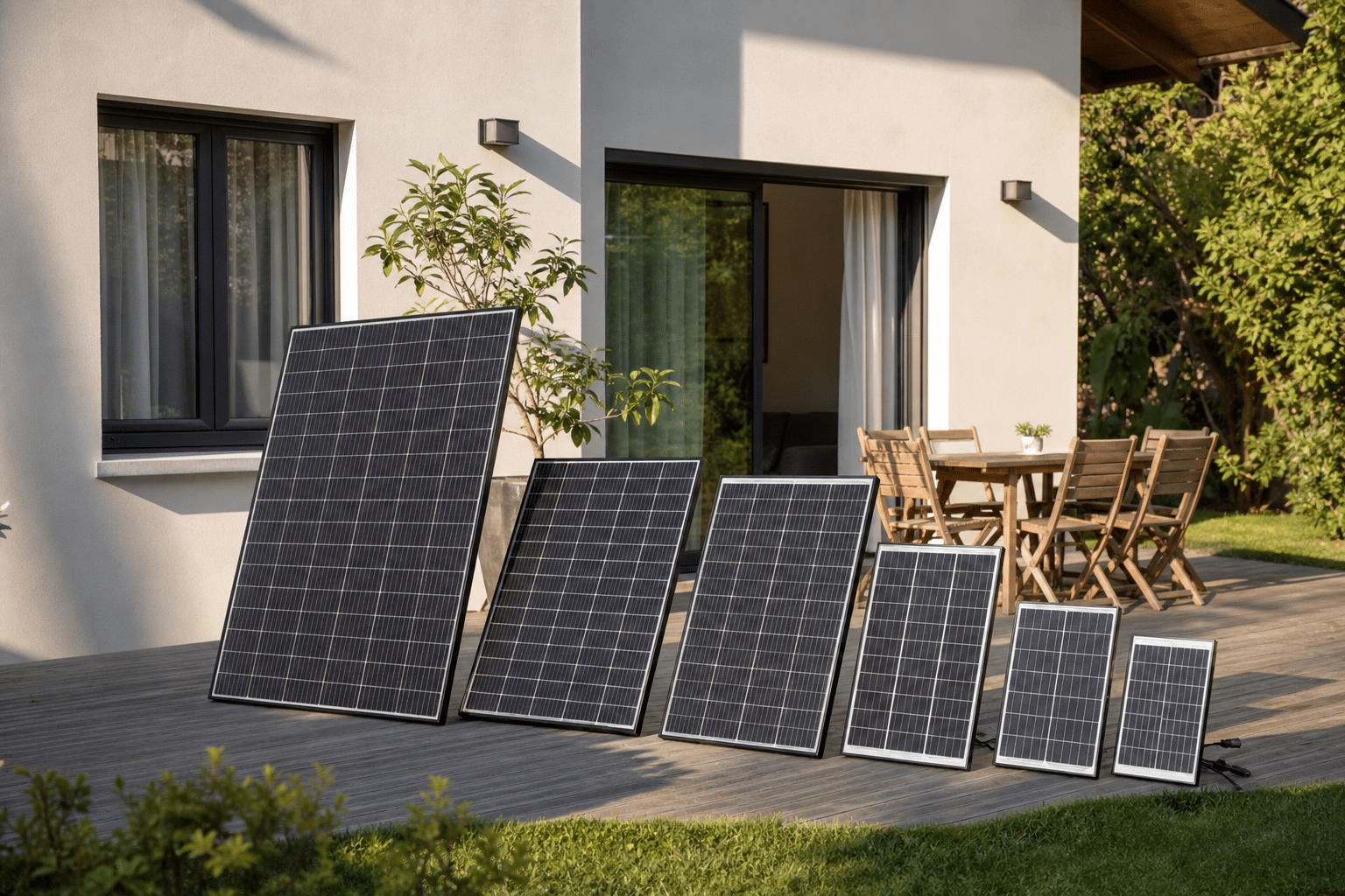 Plusieurs panneaux solaires posés sur terrasse ensoleillée