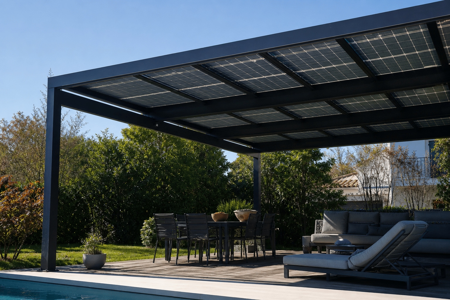 Pergola solaire au-dessus d'une terrasse avec table et chaises