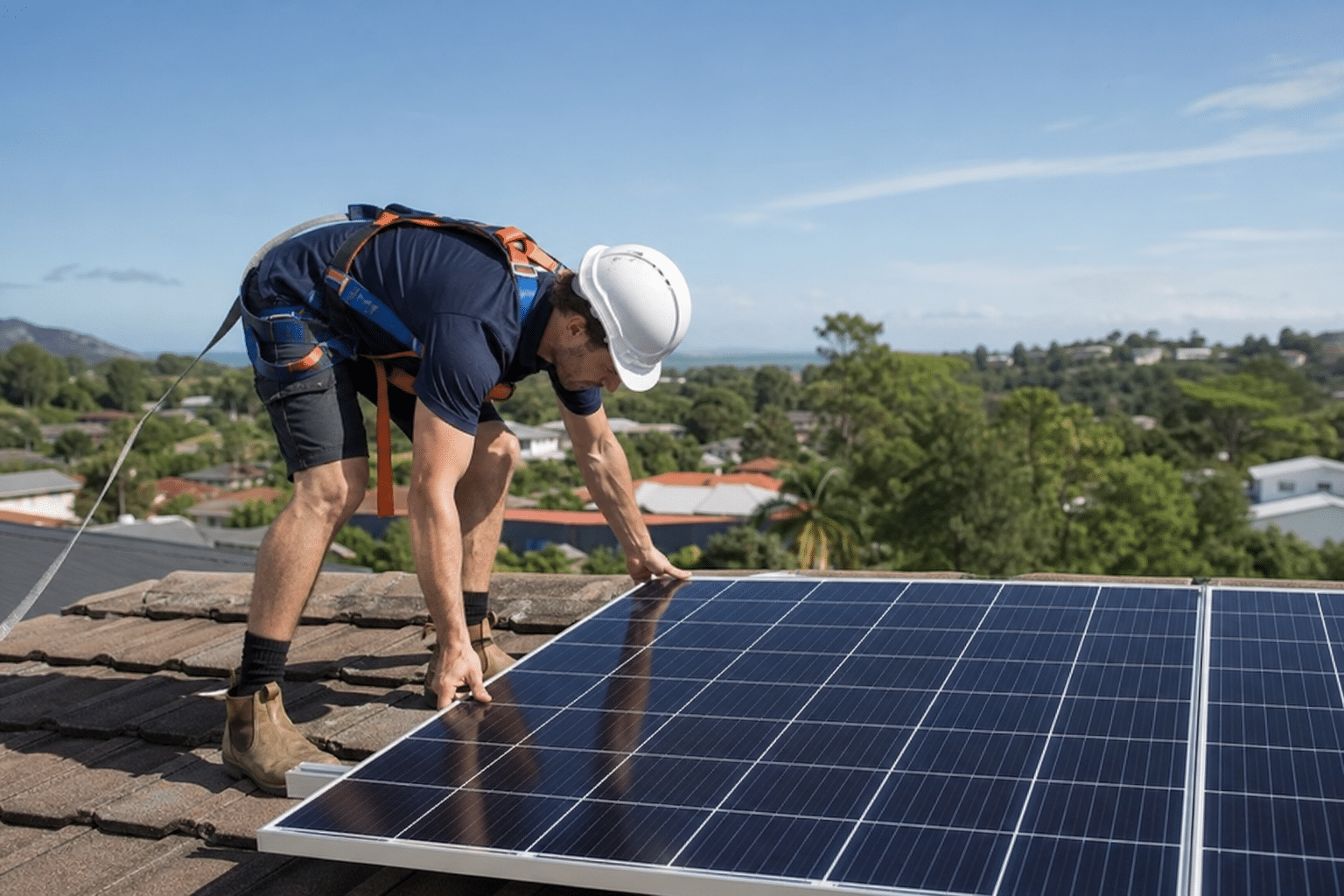 Technicien installant des panneaux solaires sur le toit