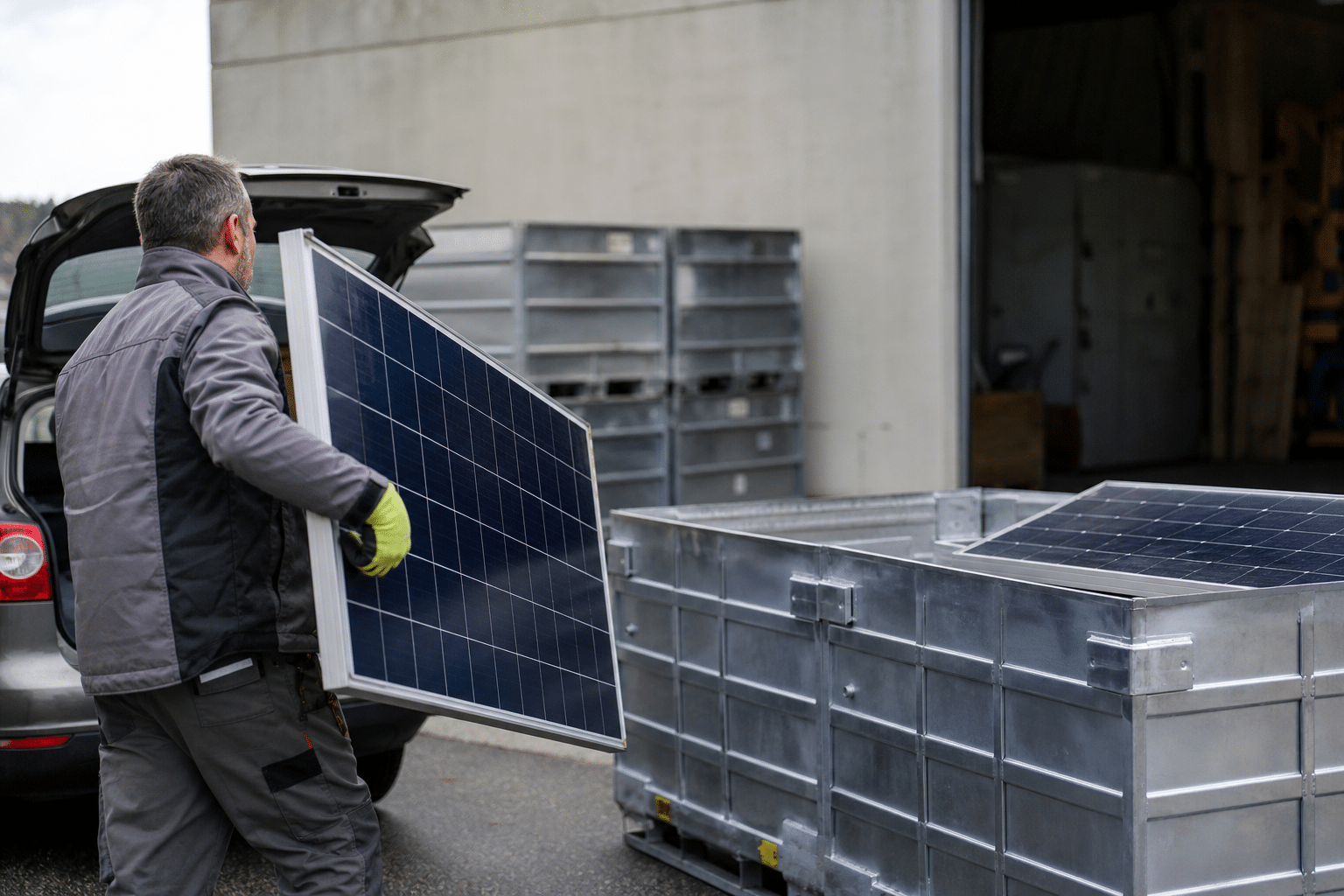 Technicien charge panneau solaire dans caisse métallique