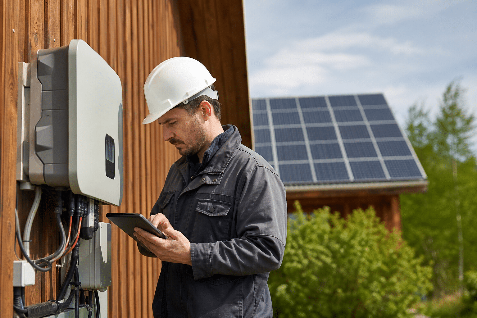 Technicien en casque vérifiant un onduleur devant panneaux solaires