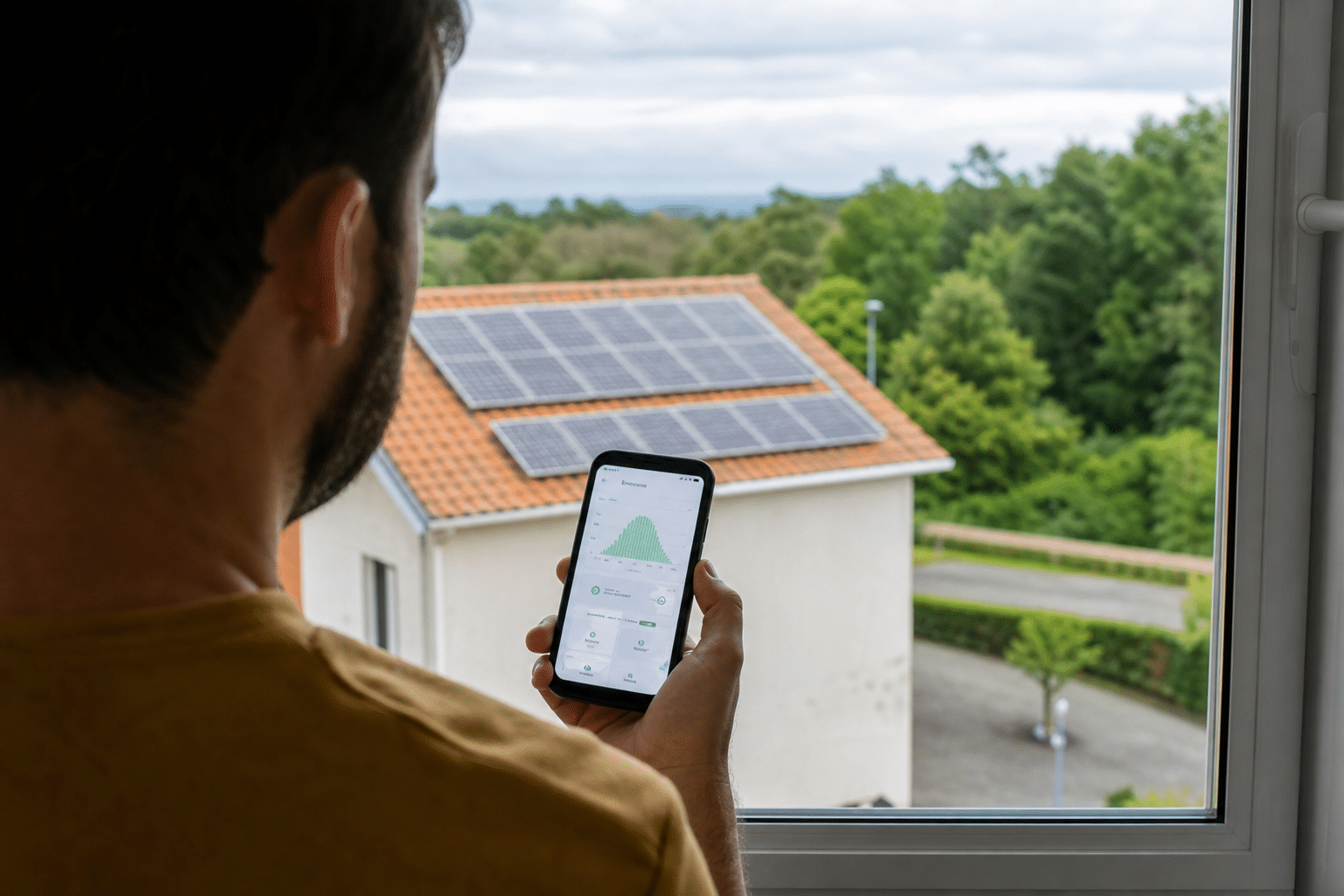 Homme tenant smartphone devant maison à panneaux solaires