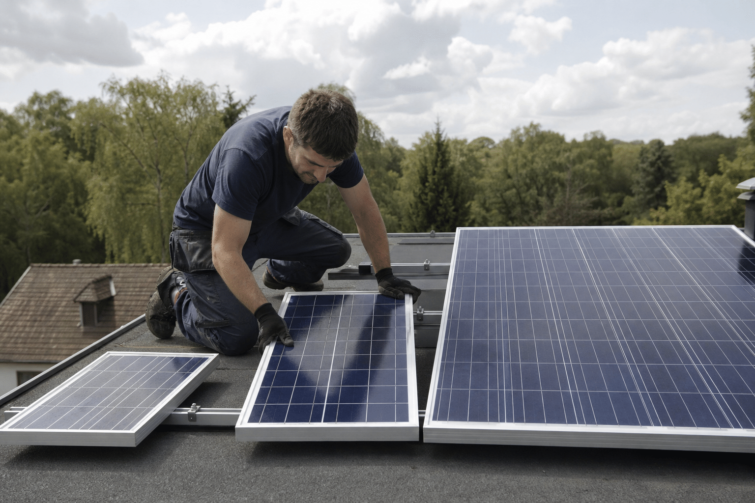 Technicien installant des panneaux solaires sur un toit